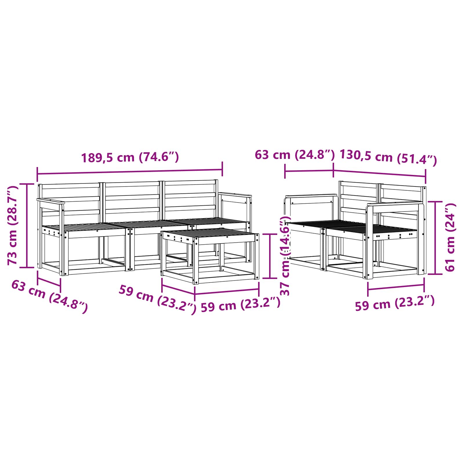 Set vanjskih sofa 6 pcs Bijela 59 x 59 x 37 cm
