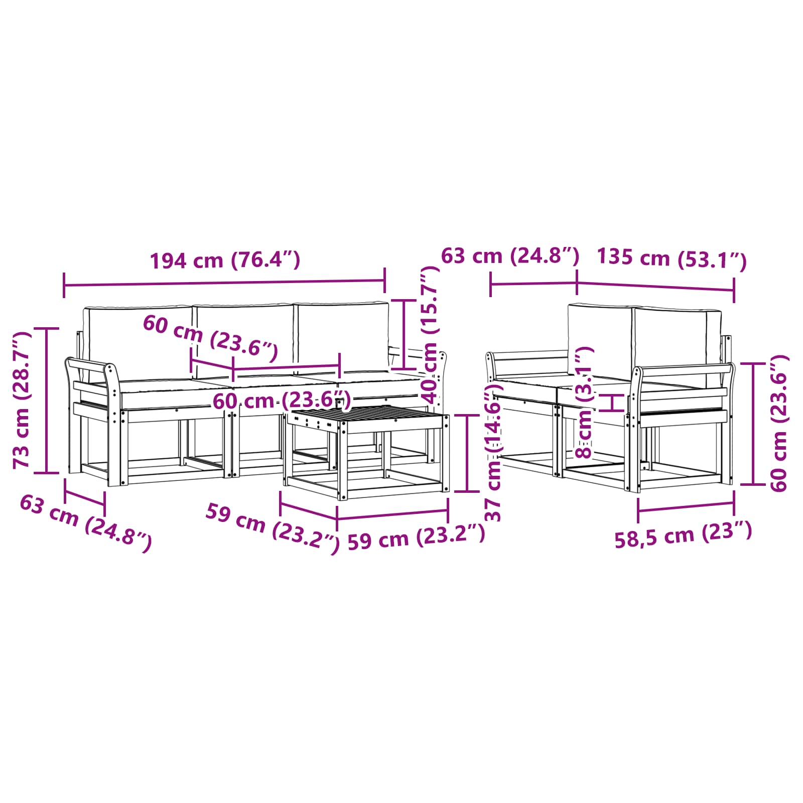 Set vanjskih sofa 6 pcs Bijela i svjetlosiva 59 x 59 x 37 cm