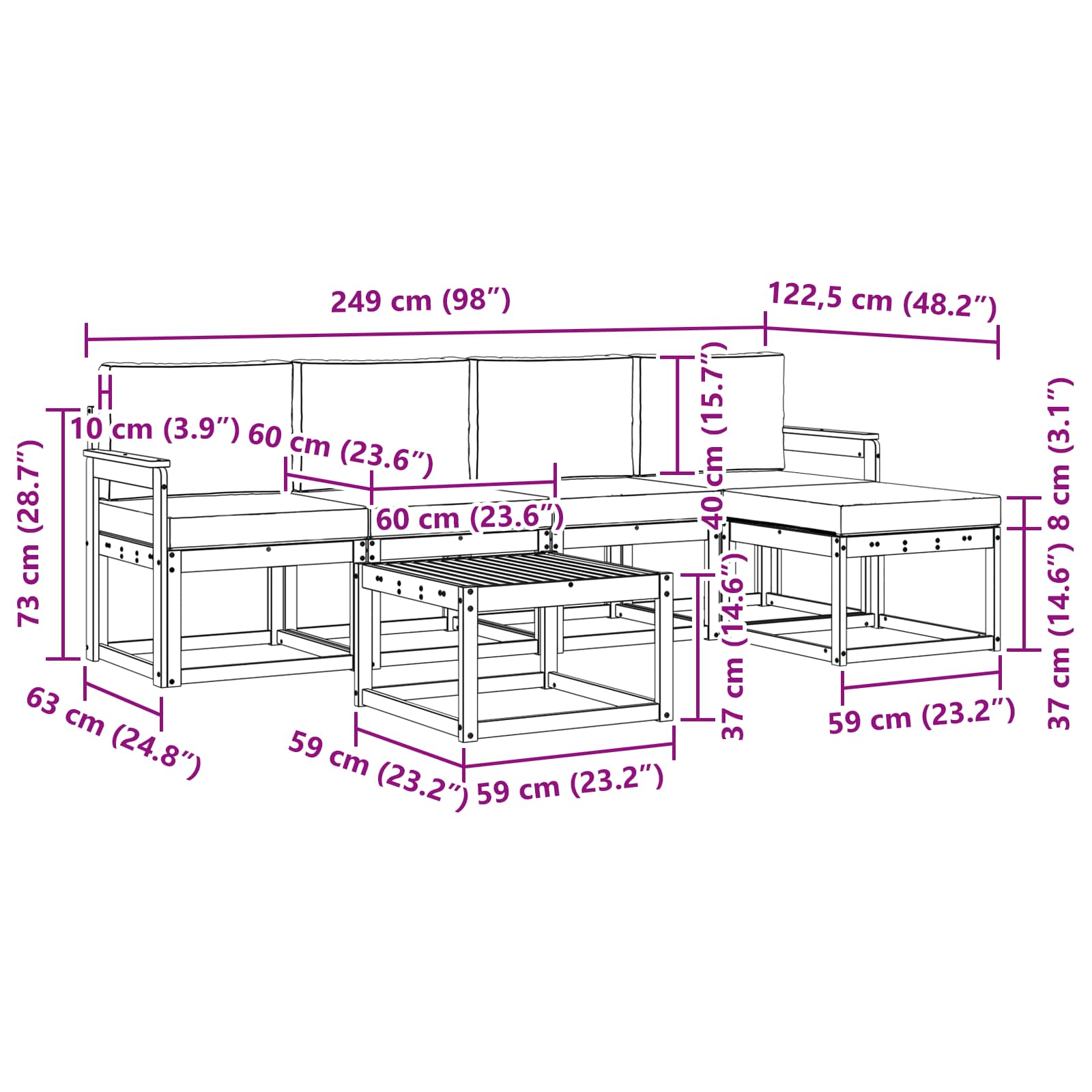 Set vanjskih sofa 6 pcs Bijela i svjetlosiva 59 x 59 x 37 cm