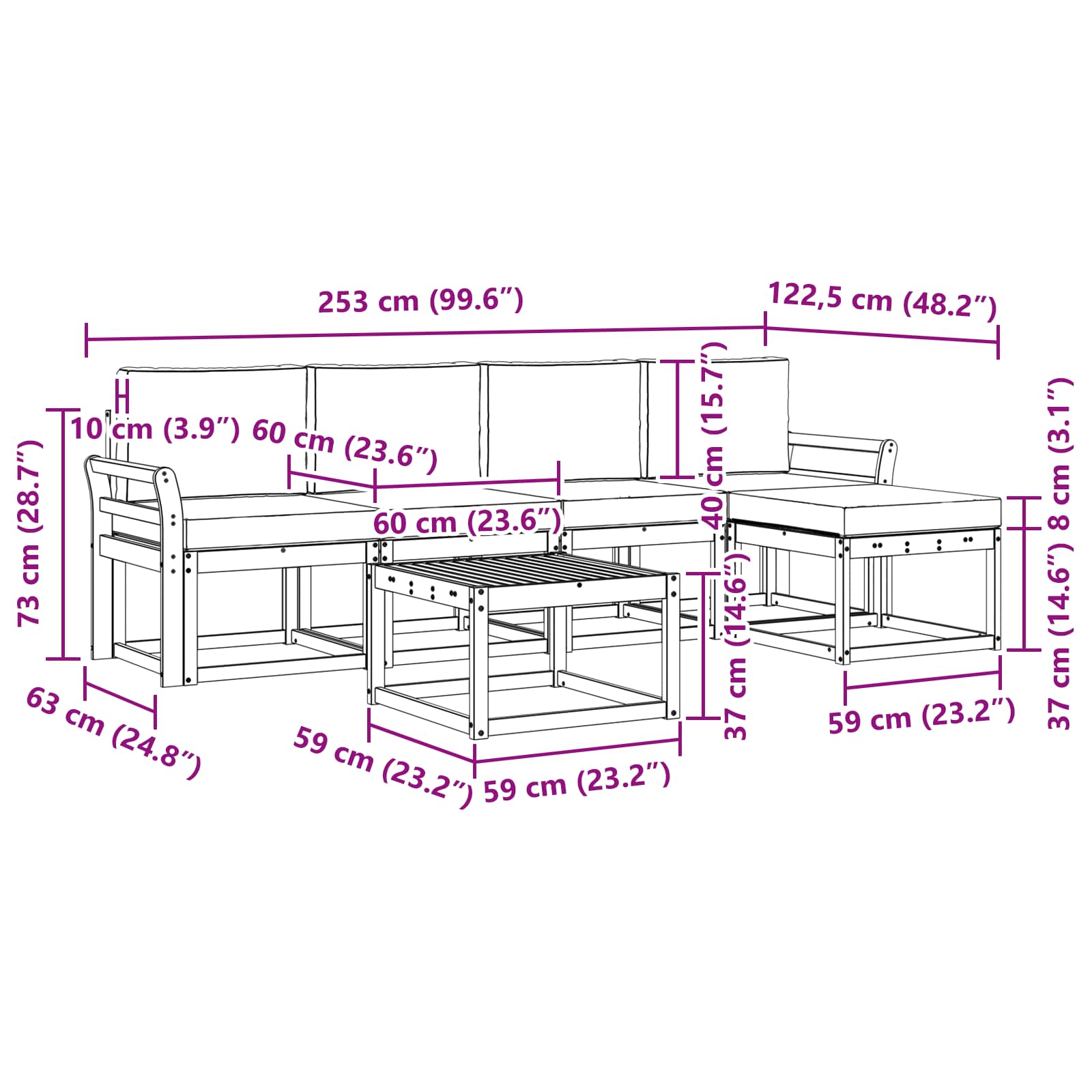 Set vanjskih sofa 6 pcs Bijela i svjetlosiva 59 x 59 x 37 cm