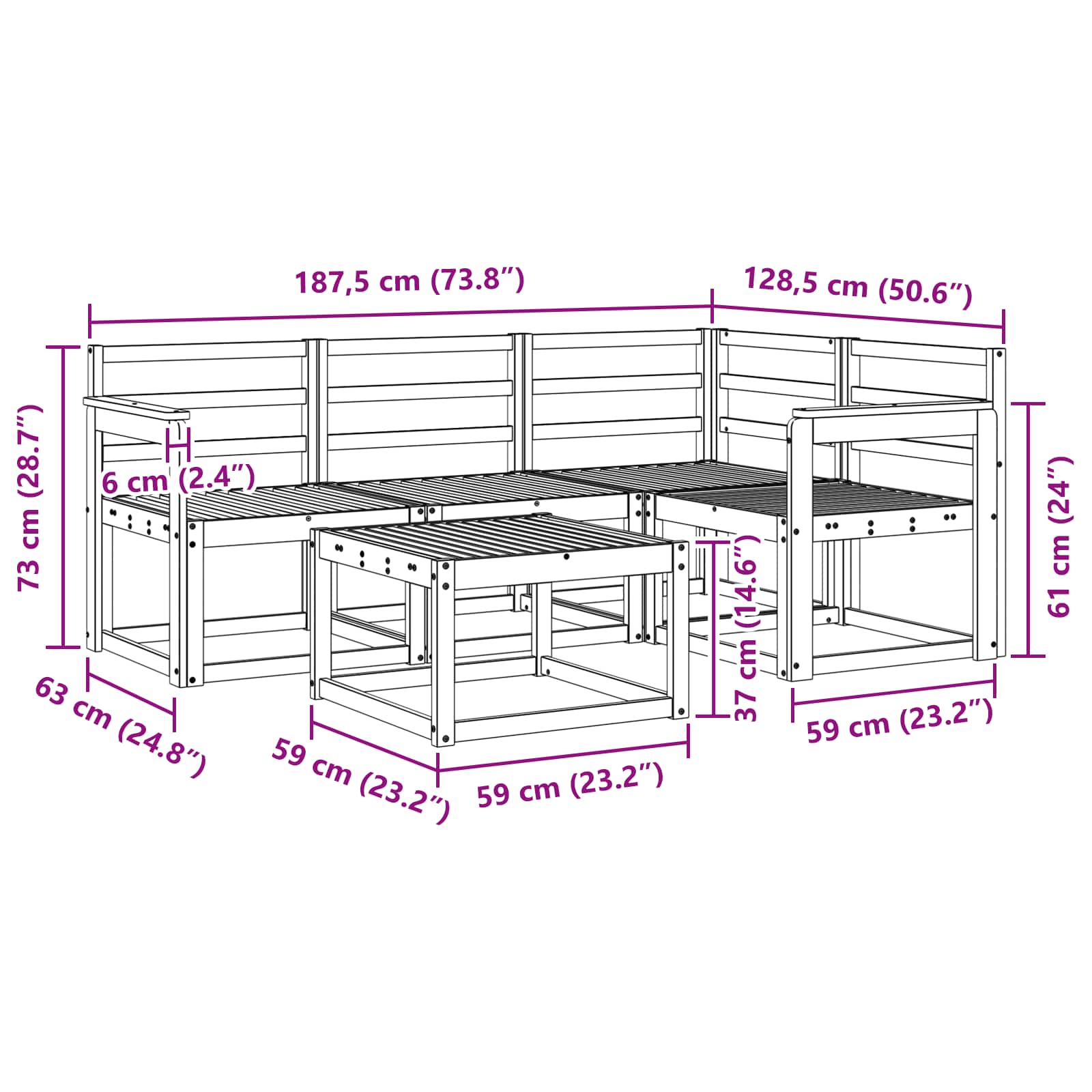 Set vanjskih sofa 5 pcs Bijela 59 x 59 x 37 cm