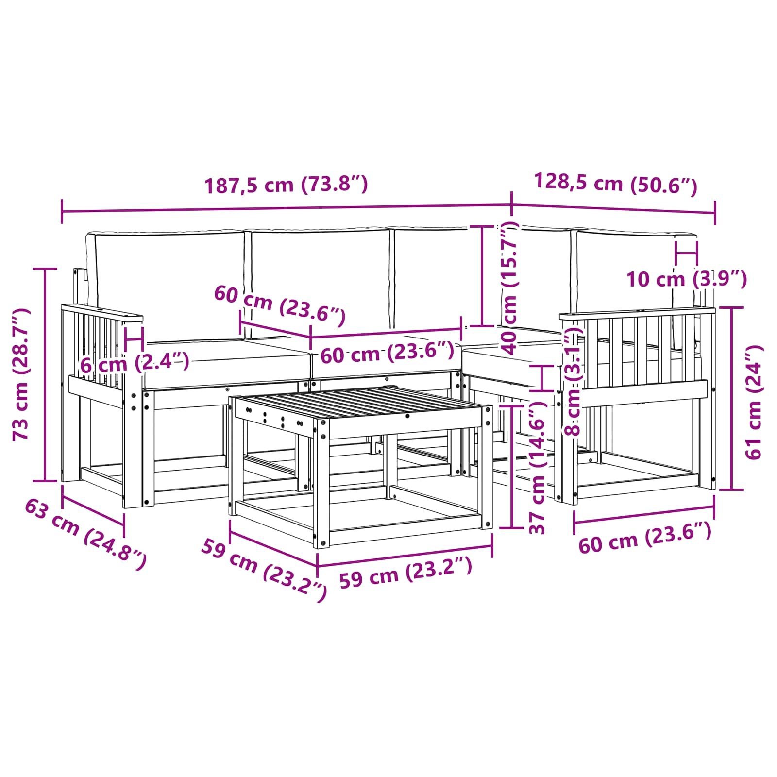 Set vanjskih sofa 5 pcs Bijela i svjetlosiva 59 x 59 x 37 cm