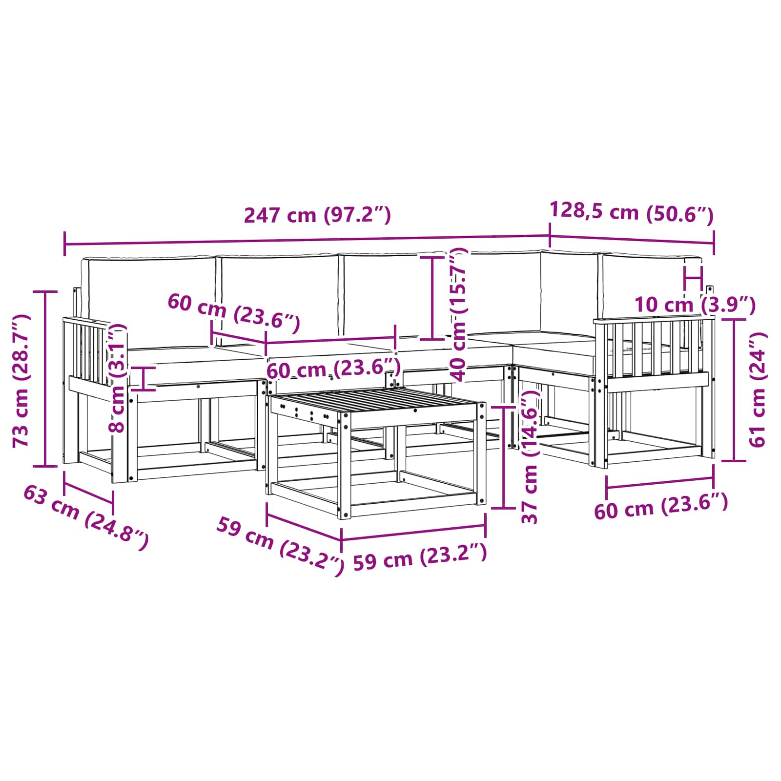 Set vanjskih sofa 6 pcs Bijela i bež Čvrsto drvo akacije