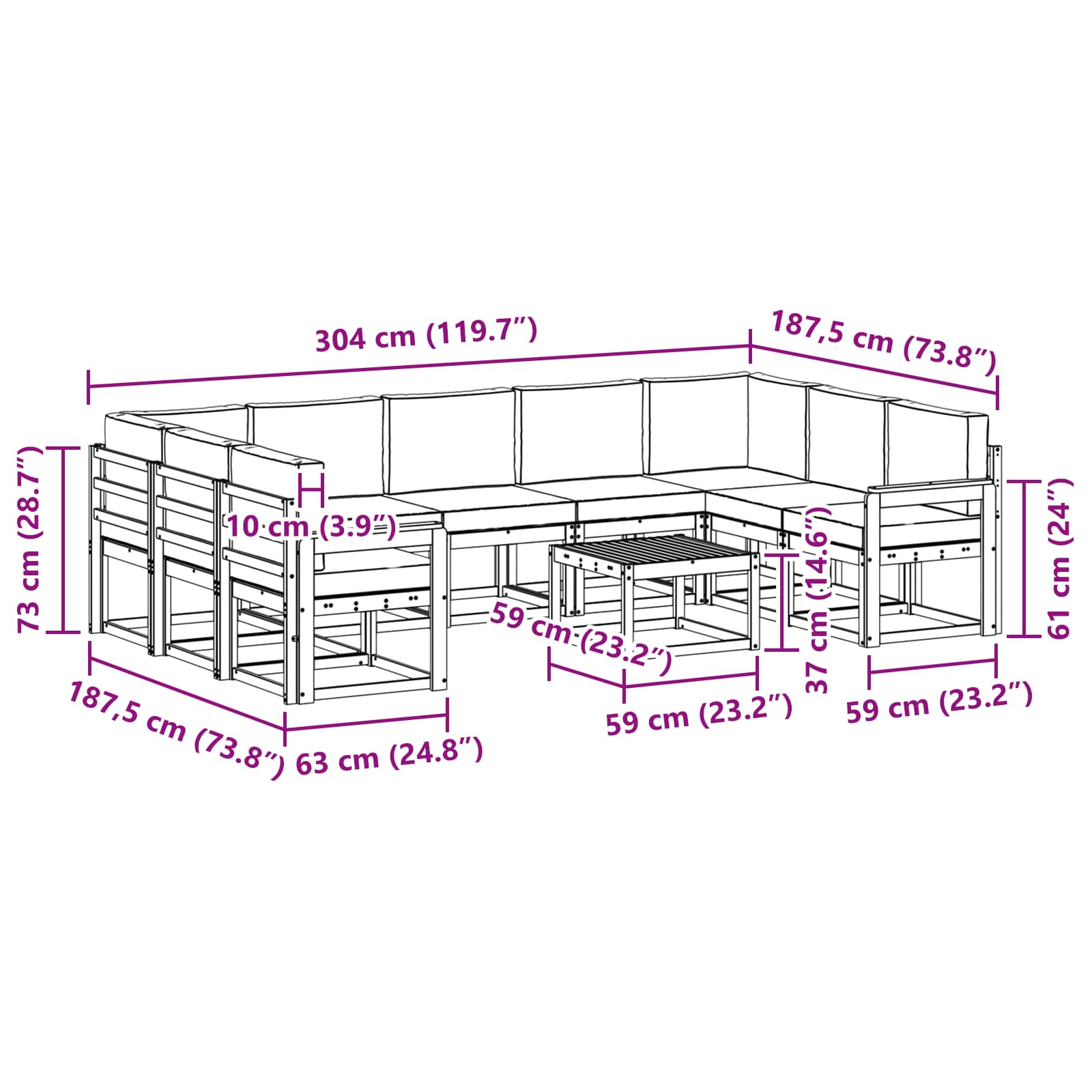 Set vanjskih sofa 10 pcs Bijela Čvrsto drvo akacije