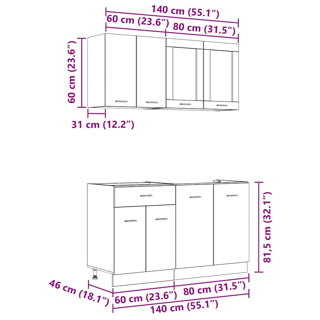 Set kuhinjskih ormarića s ladicama Lyon 4 pcs Dimljeni hrast