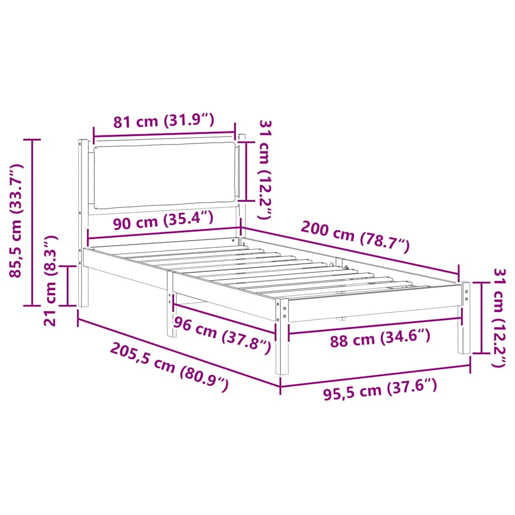 Krevetna konstrukcija Crna 90 x 200 cm Čvrsto borovo drvo