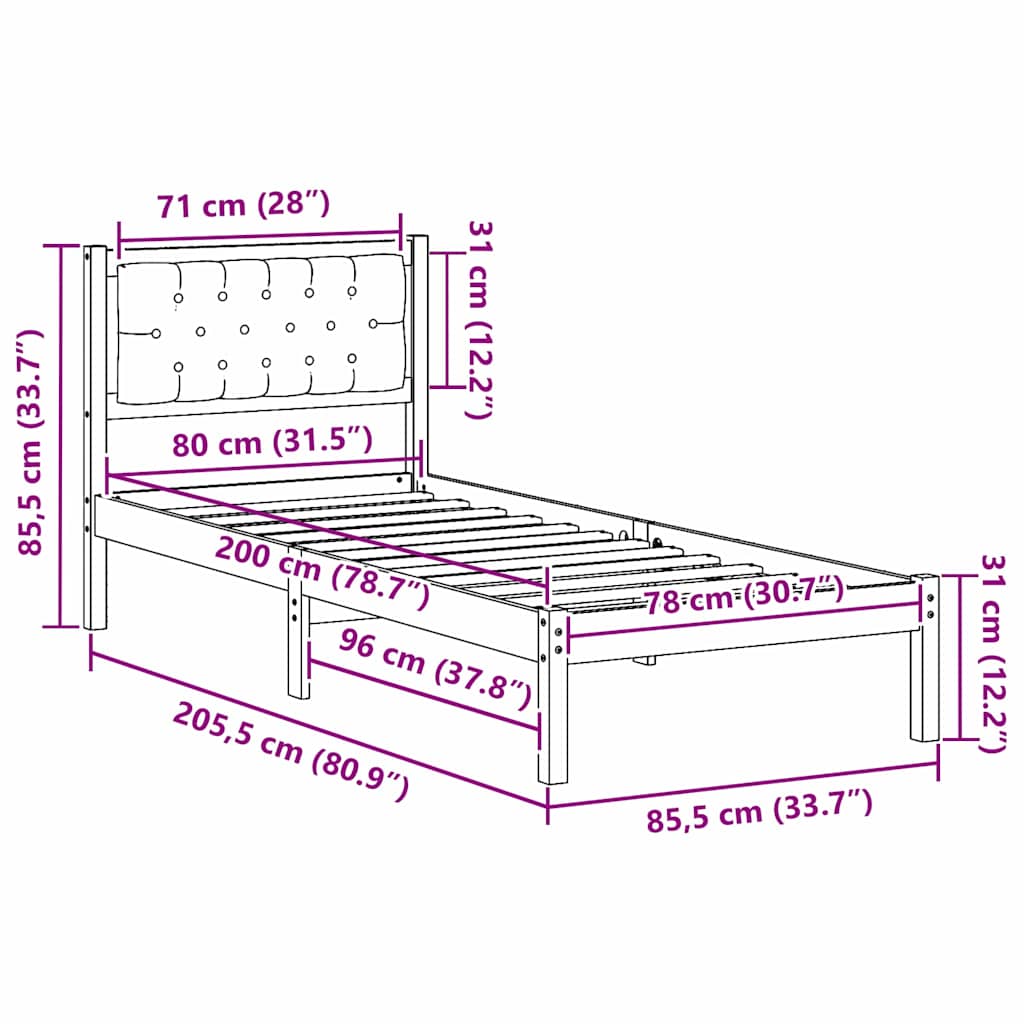 Krevetna konstrukcija Crna 80 x 200 cm Čvrsto borovo drvo