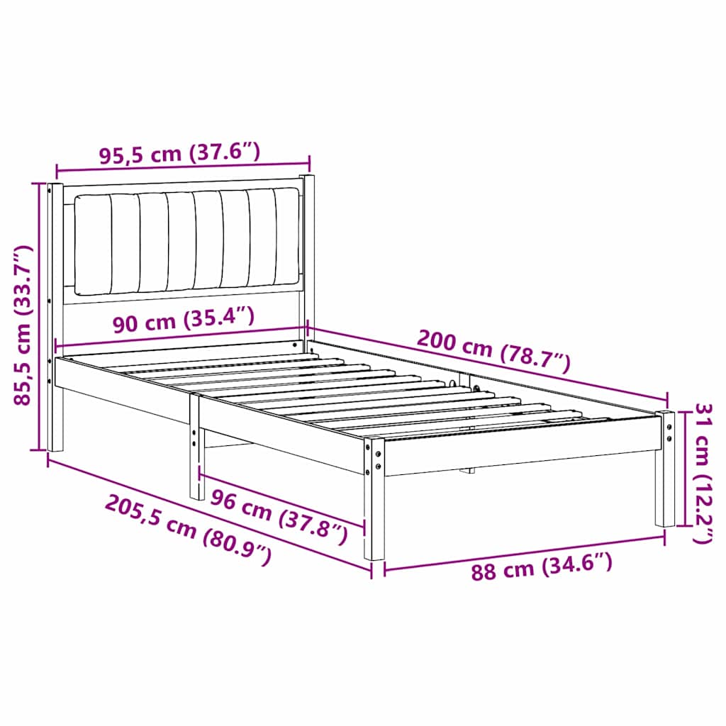 Krevetni okvir s tapiciranim uzglavljem Crna 90 x 200 cm