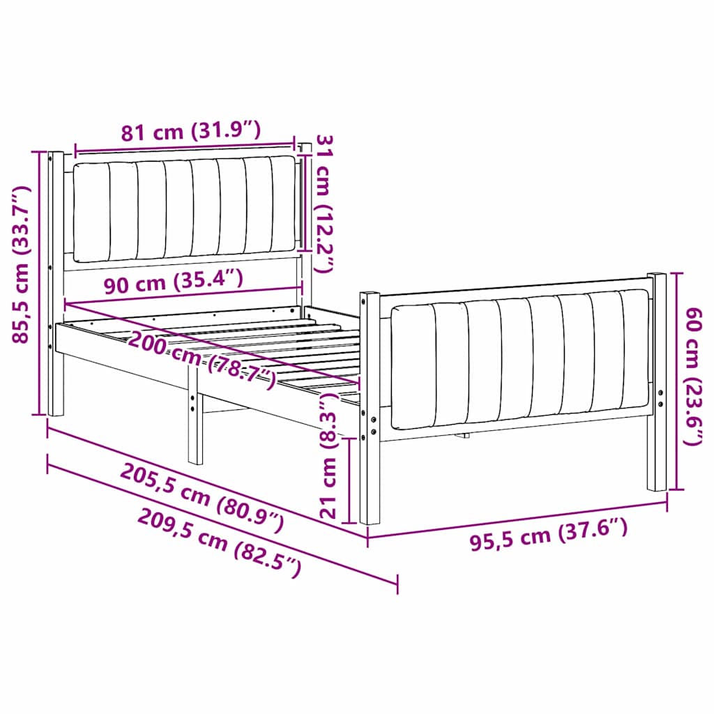 Okvir kreveta Smeđa i crna 90 x 200 cm Masivna borovina