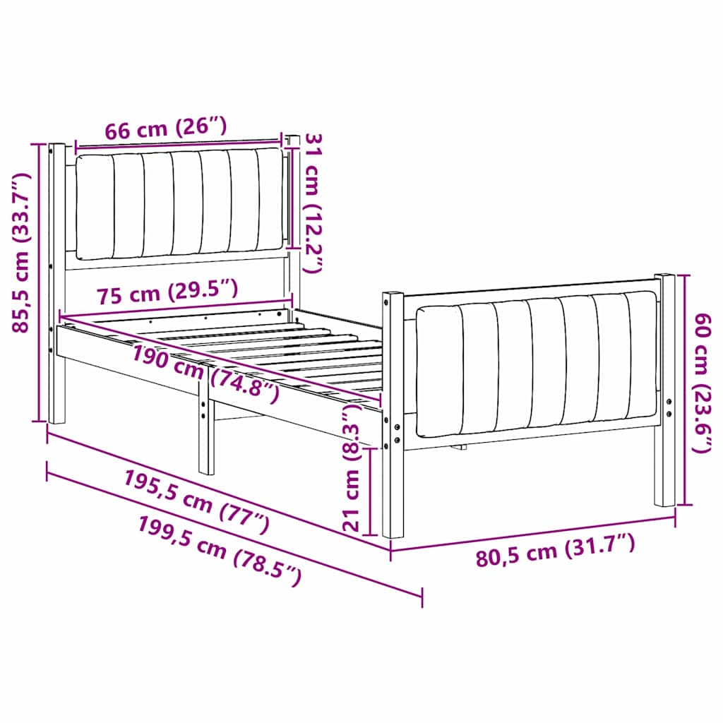 Okvir kreveta s uzglavljem Bijela i svijetlosiva 75 x 190 cm