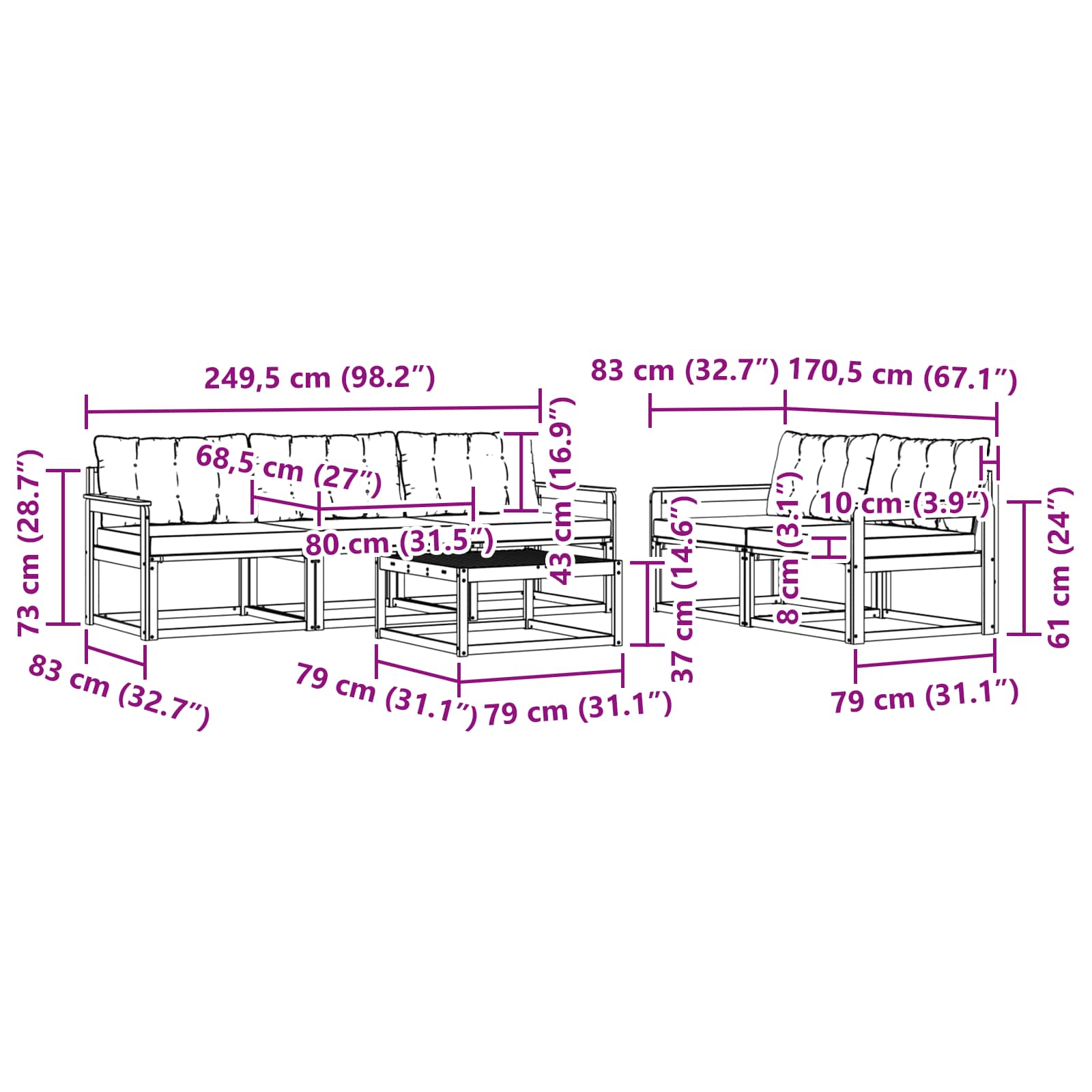 Set vanjskih sofa 6 pcs Bijela i svjetlosiva 79 x 79 x 37 cm