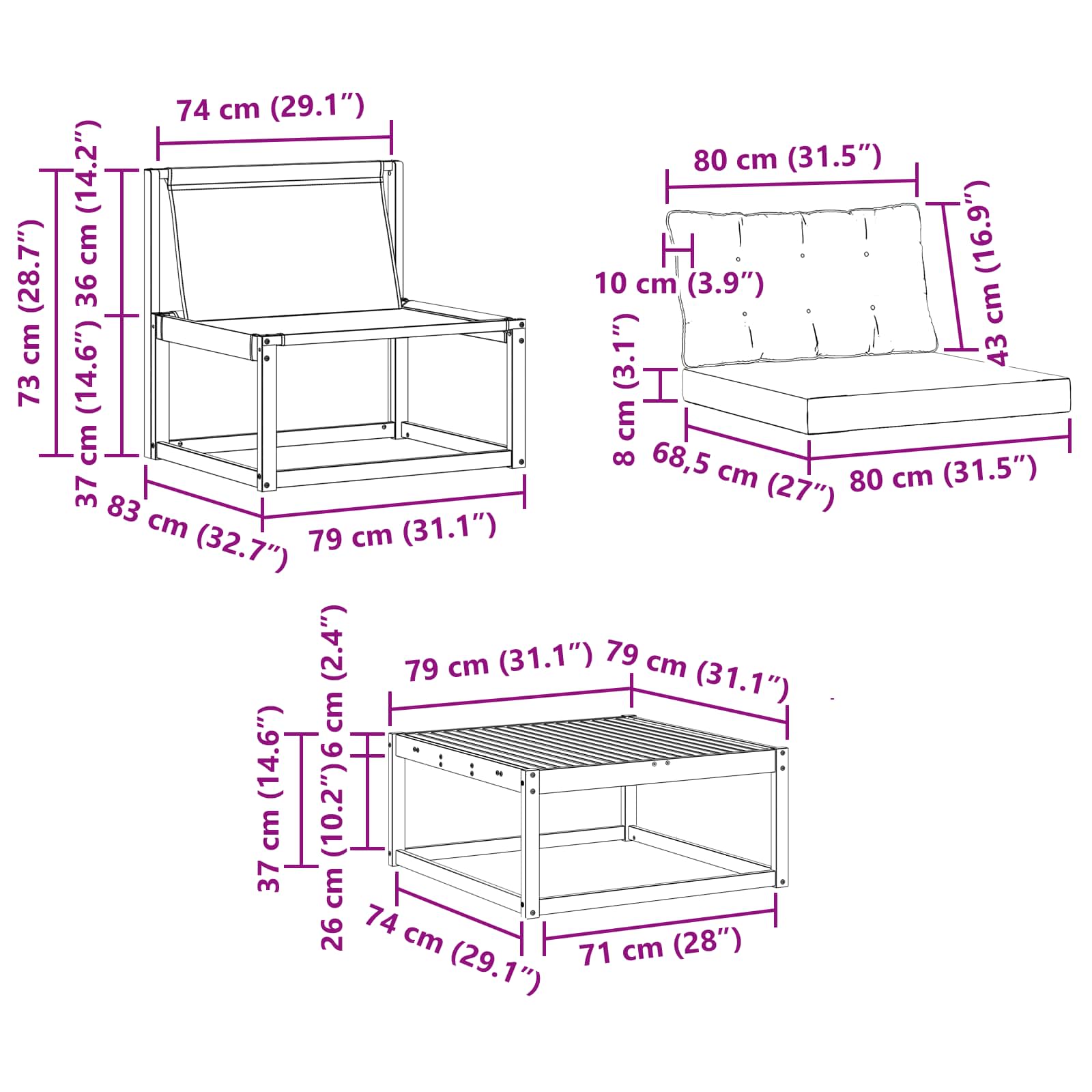Set vanjskih sofa 7 pcs Bijela i crna 79 x 79 x 37 cm