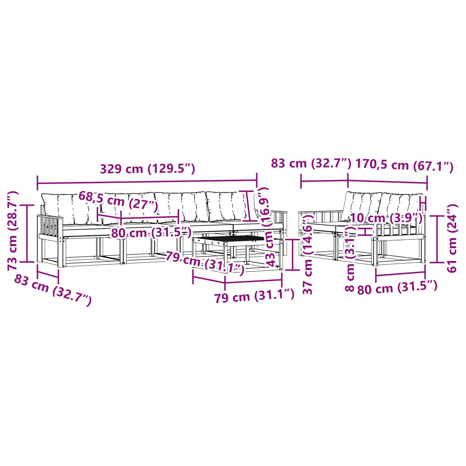 Set vanjskih sofa 7 pcs Bijela i crna 79 x 79 x 37 cm