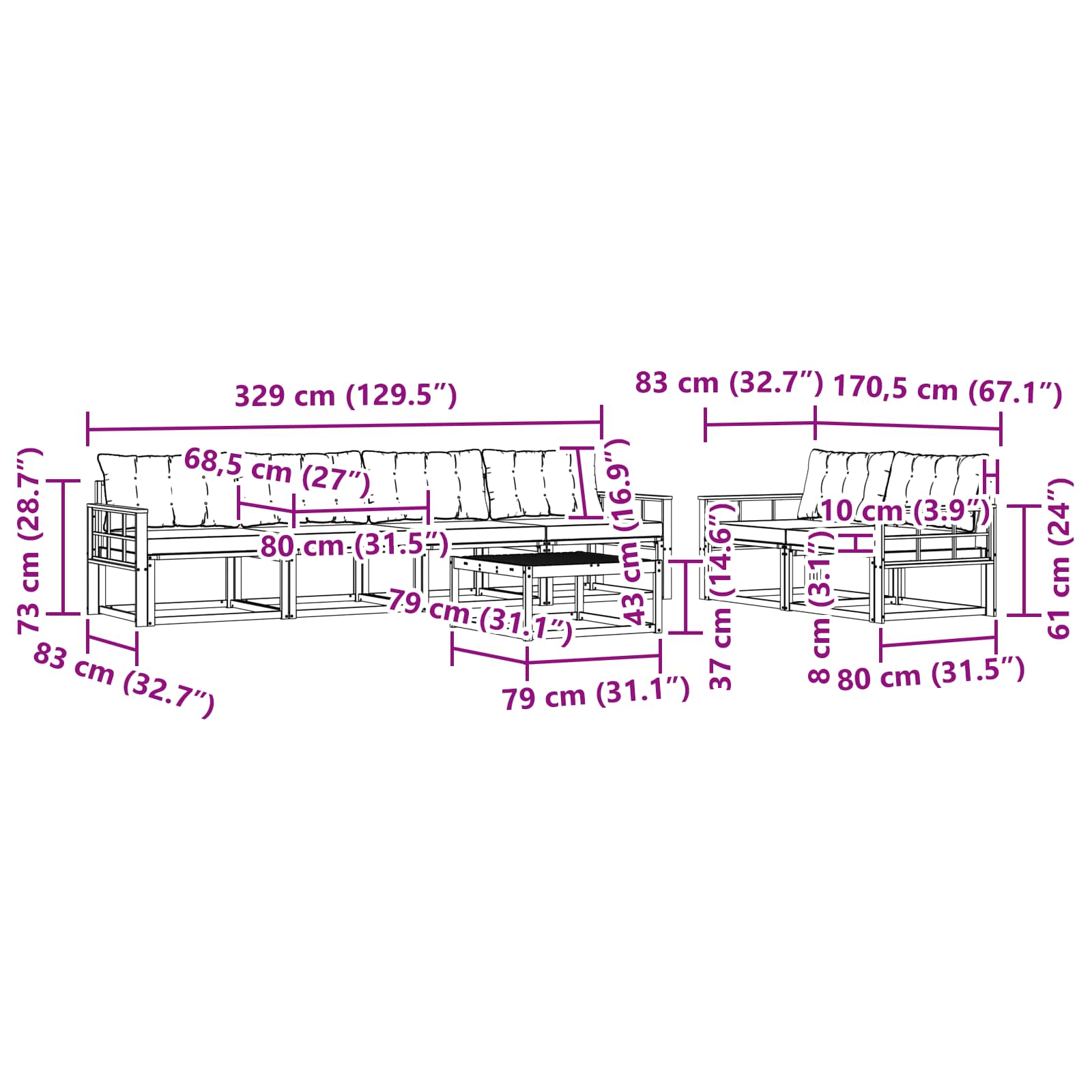 Set vanjskih sofa 7 pcs Bijela i crna 79 x 79 x 37 cm