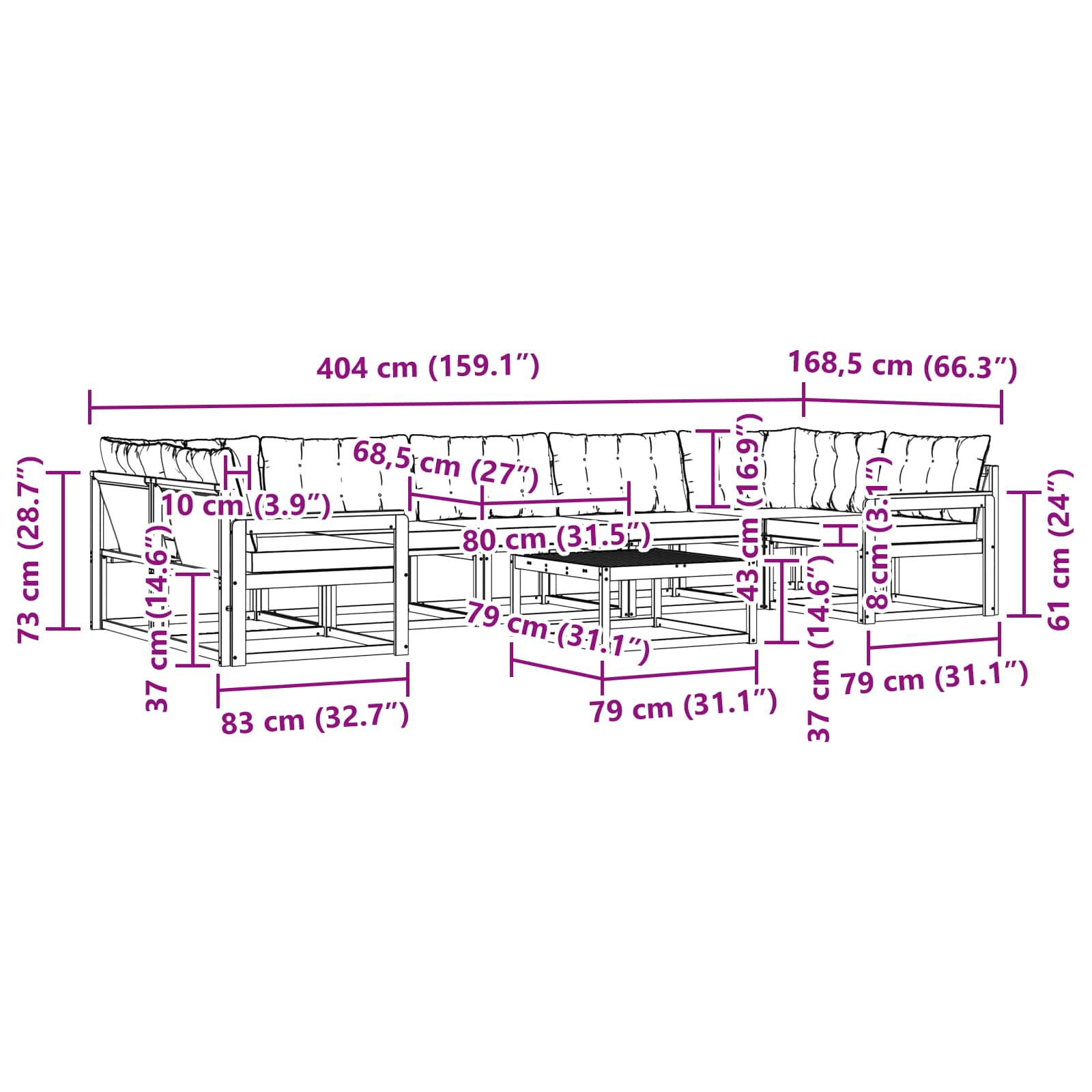 Set vanjskih sofa 8 pcs Bijela i crna 79 x 79 x 37 cm
