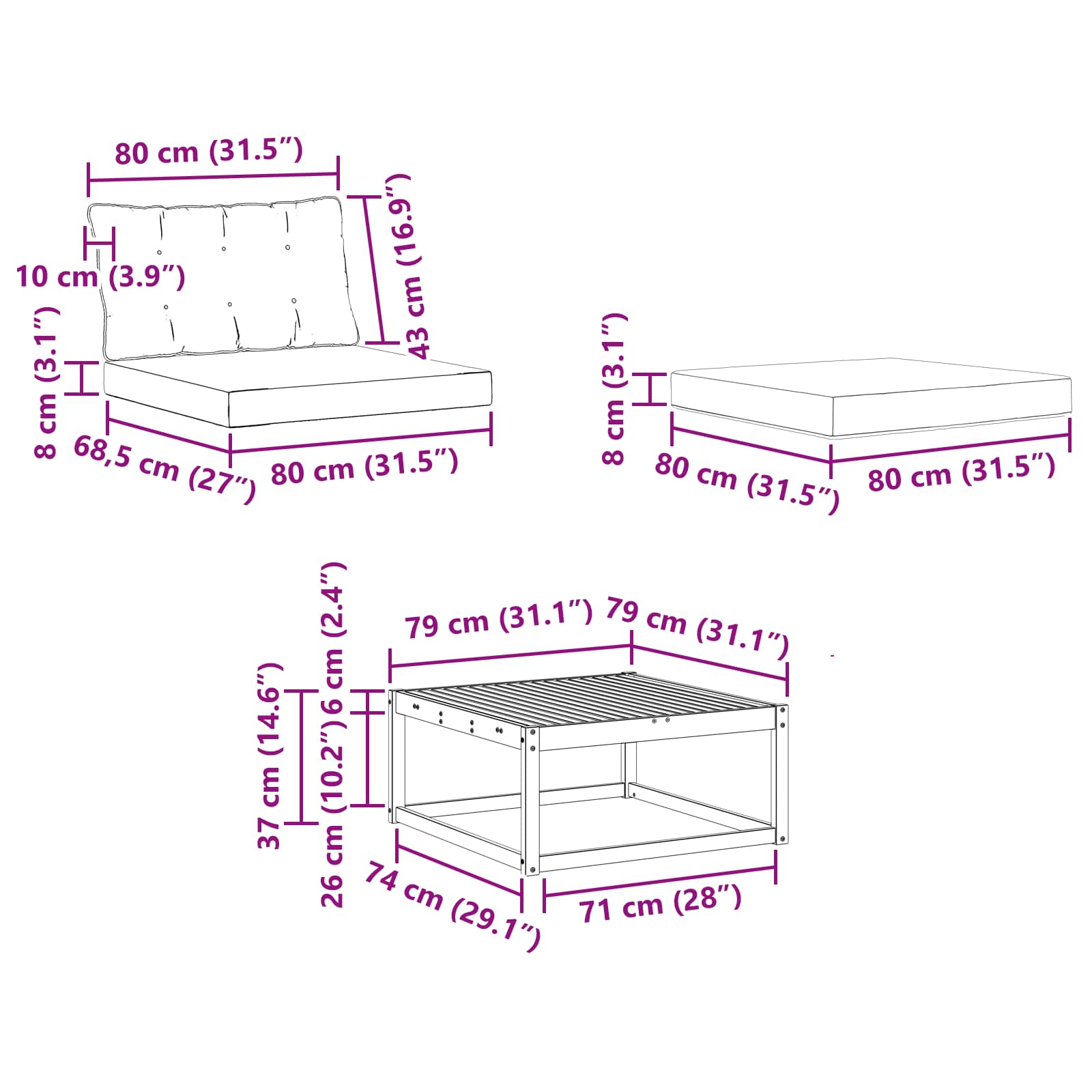 Set vanjskih sofa 6 pcs Bijela i crna 79 x 79 x 37 cm
