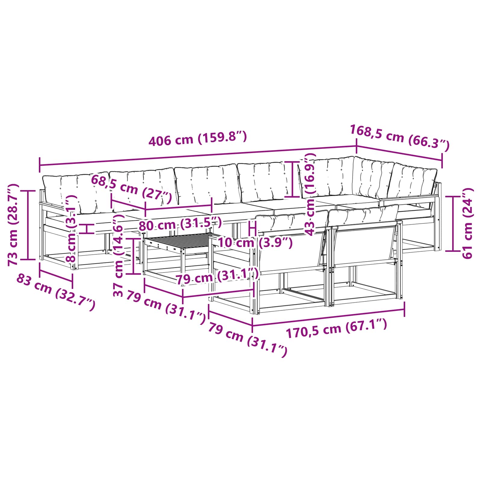 Set vanjskih sofa 9 pcs Bijela i bež 79 x 79 x 37 cm