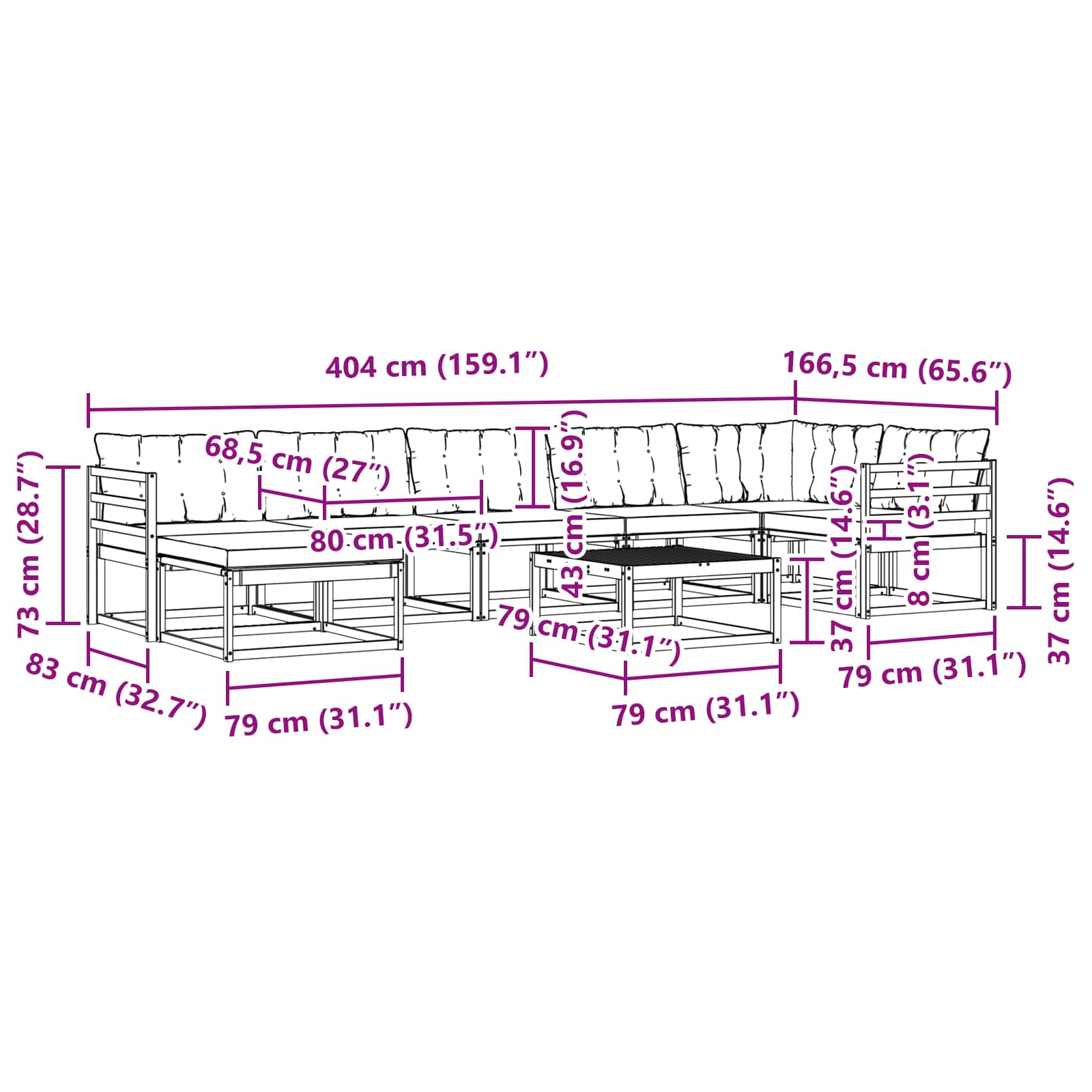 Set vanjskih sofa 8 pcs Bijela i krem Čvrsto drvo akacije