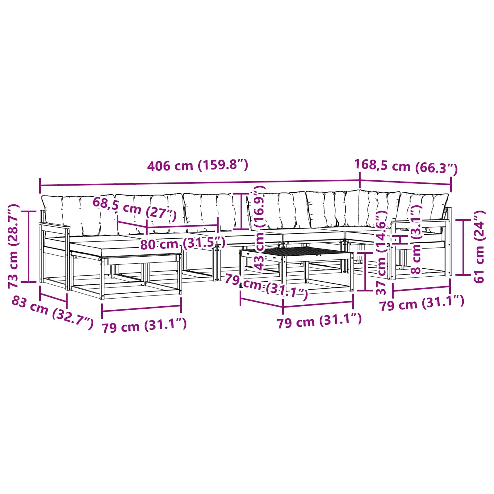 Set vanjskih sofa 8 pcs Bijela i krem Čvrsto drvo akacije