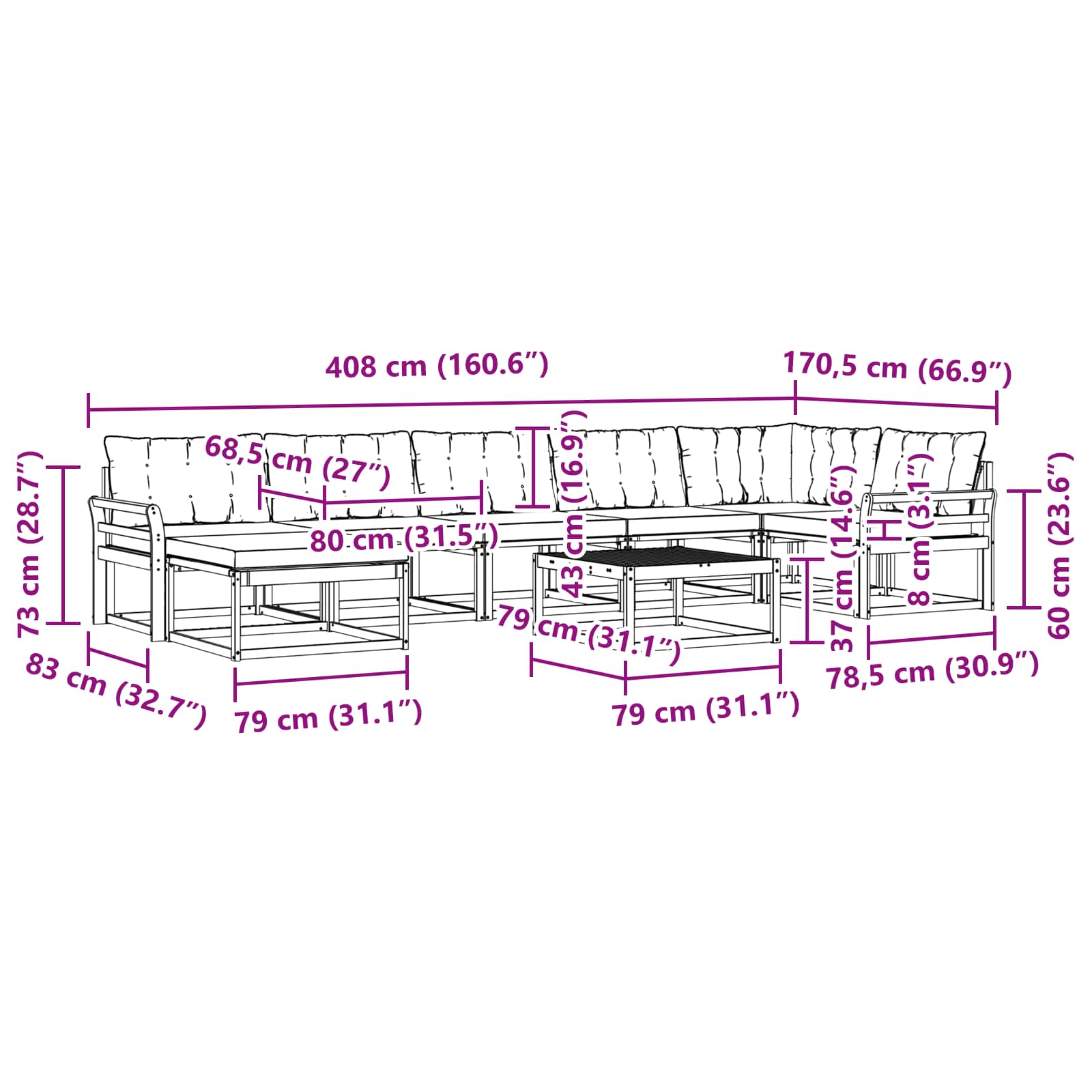 Set vanjskih sofa 8 pcs Bijela i bež 79 x 79 x 37 cm