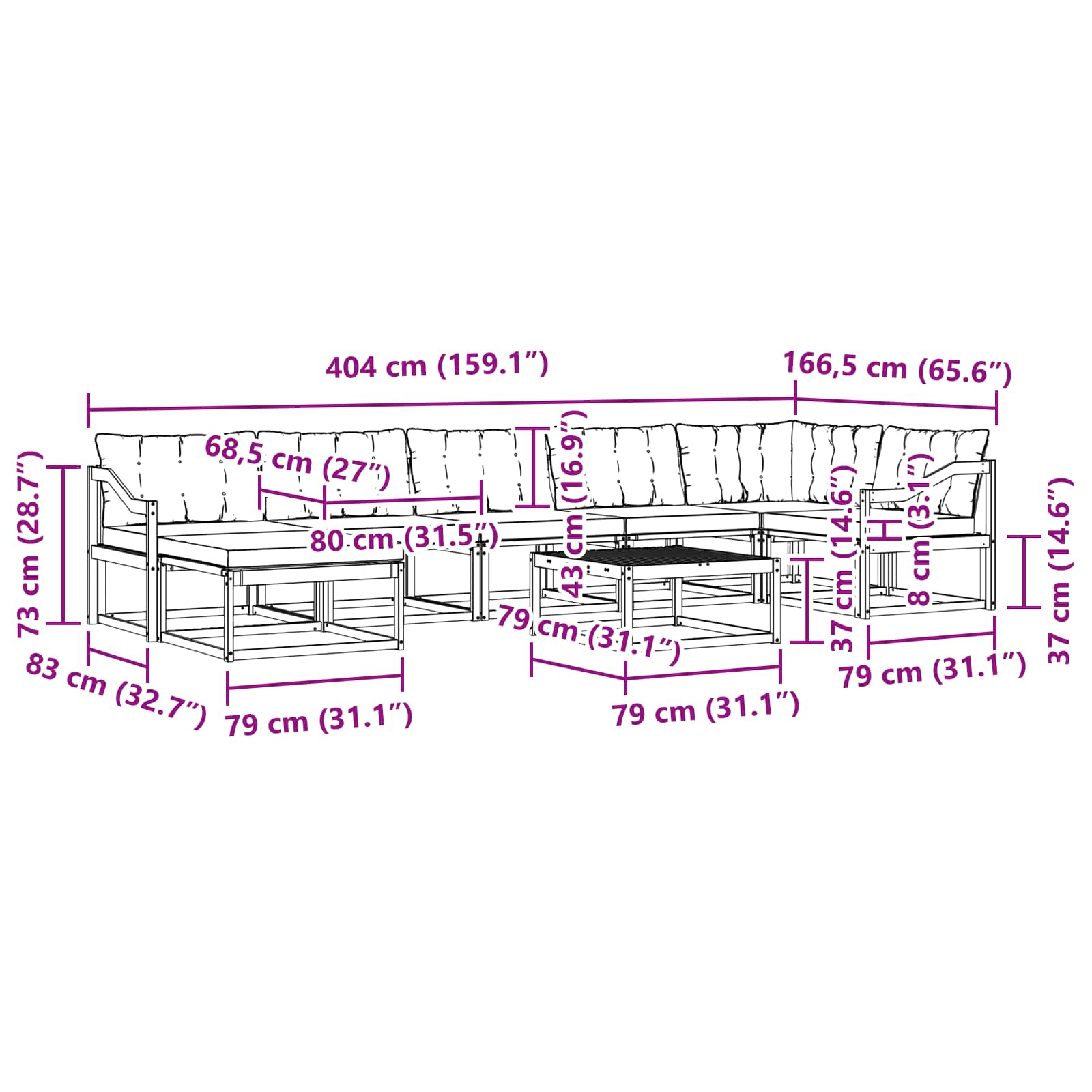 Set vanjskih sofa 8 pcs Bijela i crna 79 x 79 x 37 cm