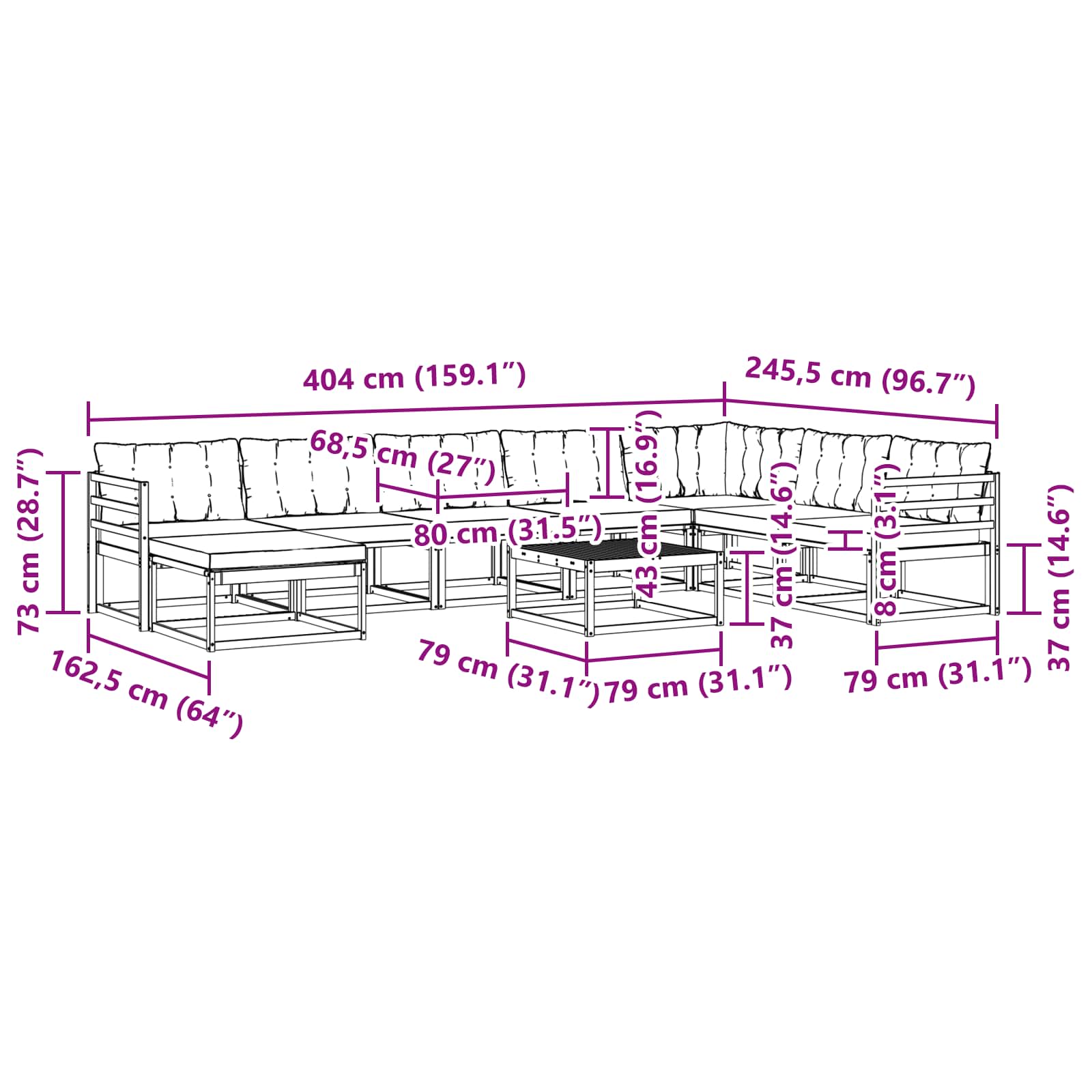 Set vanjskih sofa 9 pcs Bijela i bež Čvrsto drvo akacije