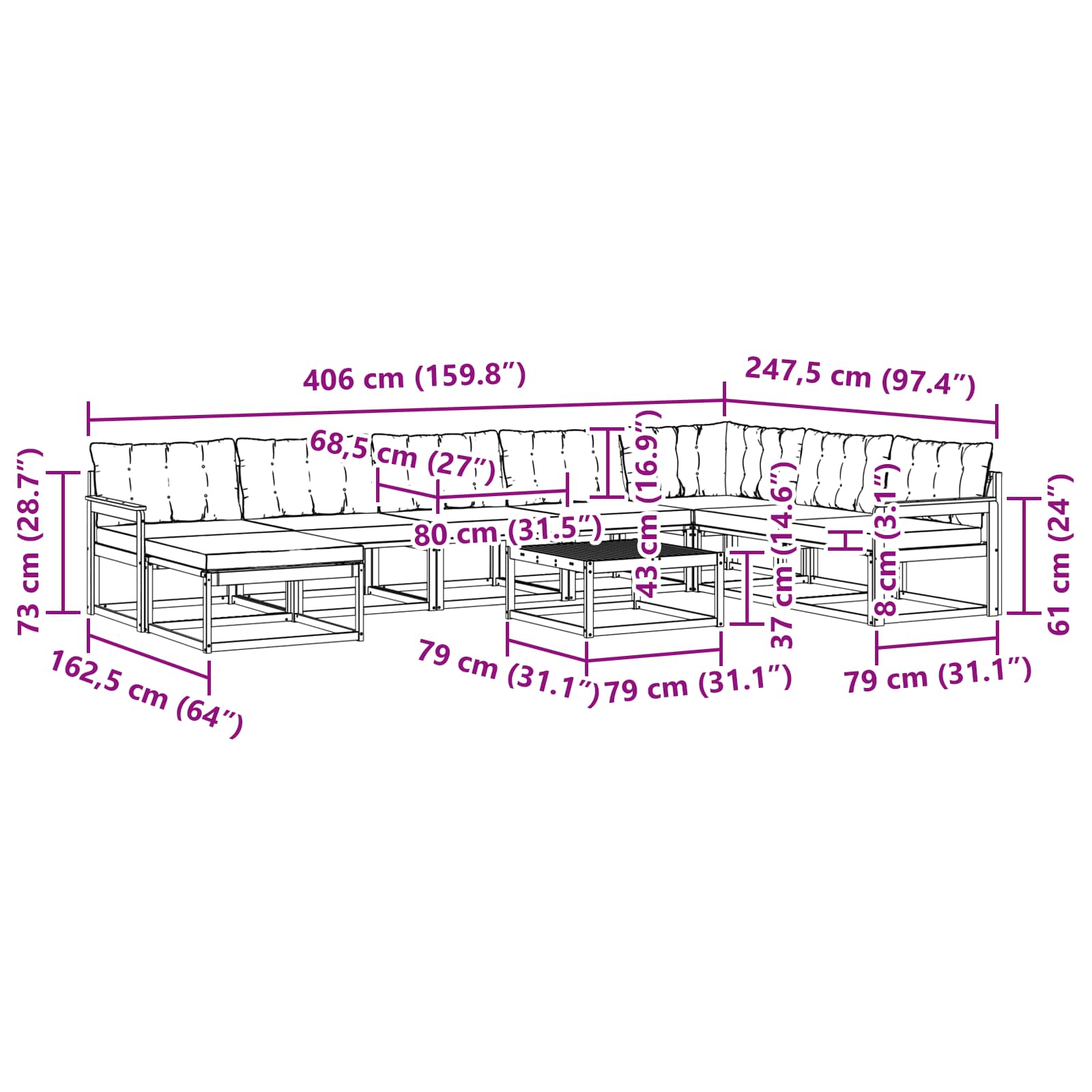 Set vanjskih sofa 9 pcs Bijela i bež Čvrsto drvo akacije