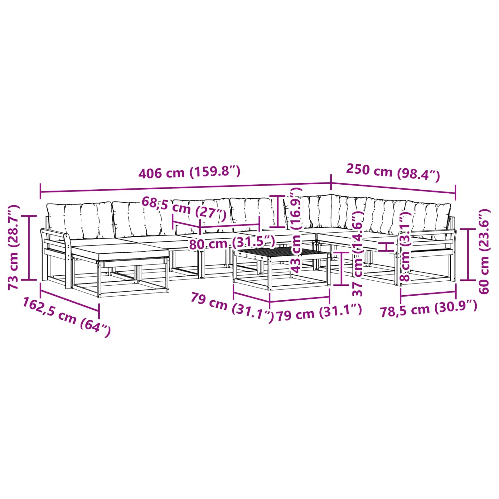 Set vanjskih sofa 9 pcs Bijela i bež Čvrsto drvo akacije