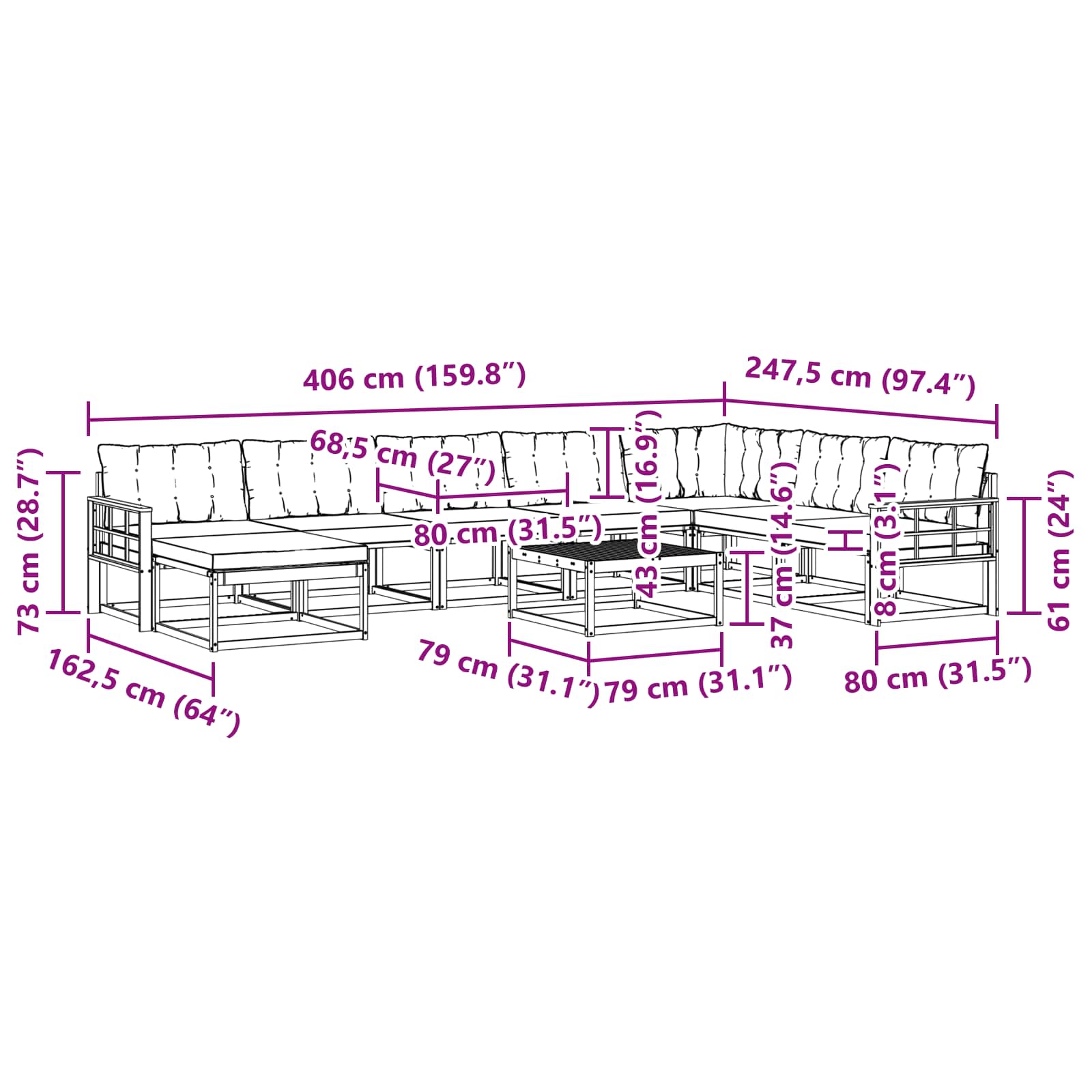 Set vanjskih sofa 9 pcs Bijela i bež Čvrsto drvo akacije