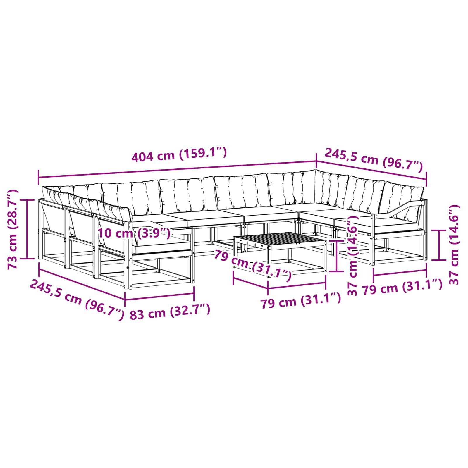 Set vanjskih sofa s jastukom 10 pcs Bijela i crna