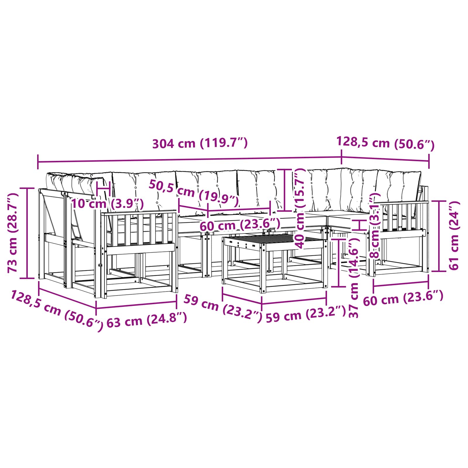 Set vanjskih sofa 8 pcs Čvrsto drvo akacije i Textilene
