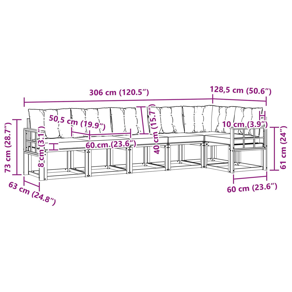 Set vanjskih sofa 6 kom. Bijela i krem Smeđa 306 x 128,5 x 73 cm