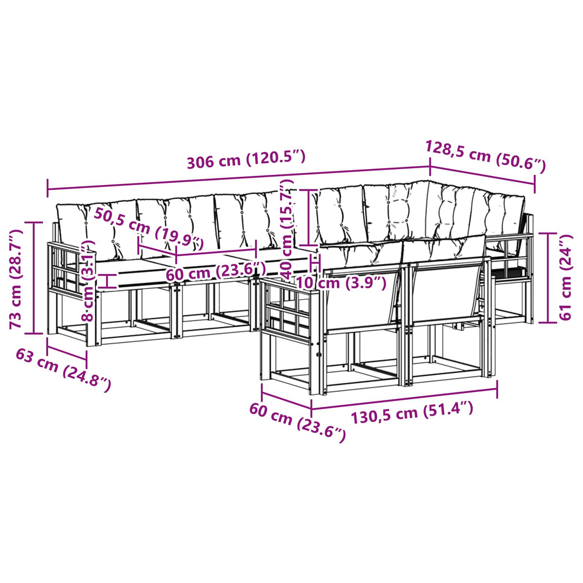 Set vanjskih sofa 8 kom. Bijela i crna Smeđa 306 x 128,5 x 73 cm