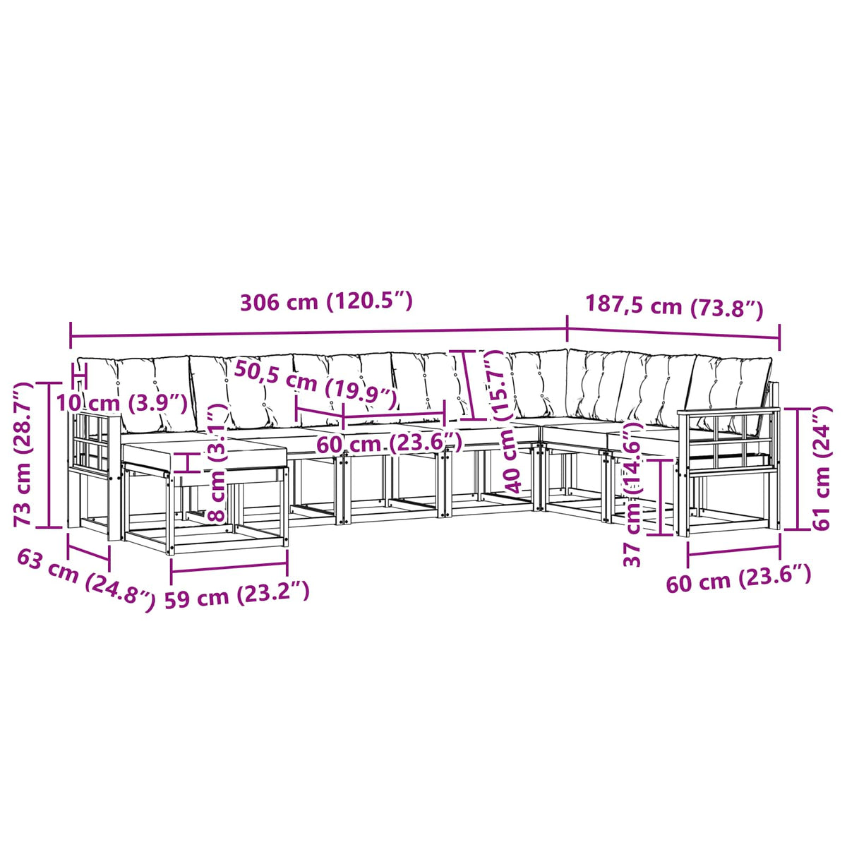 Set vanjskih sofa 8 kom. Bijela i crna Smeđa 306 x 187,5 x 73 cm