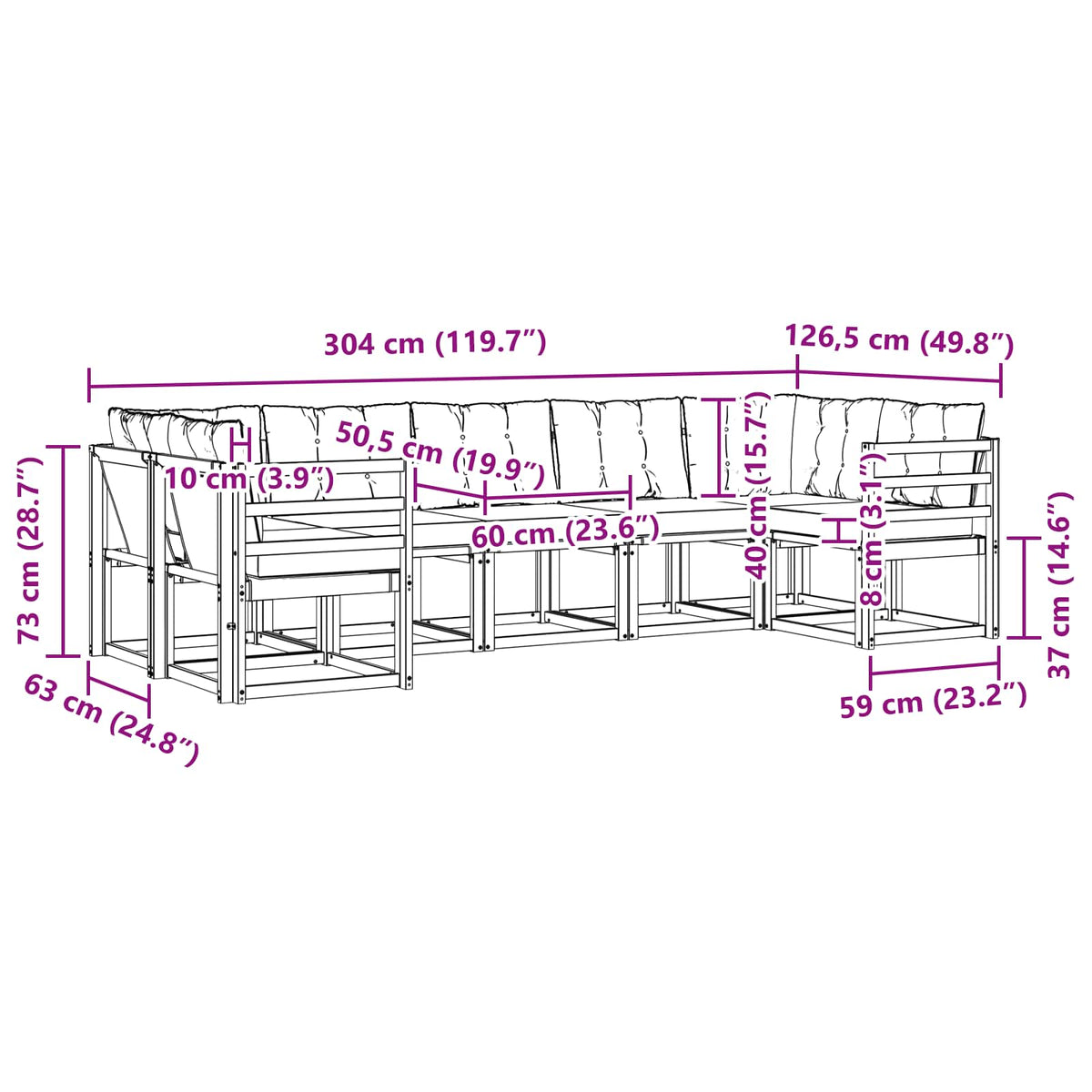 Set vanjskih sofa 7 kom. Bijela i svjetlosiva Smeđa 304 x 126,5 x 73 cm