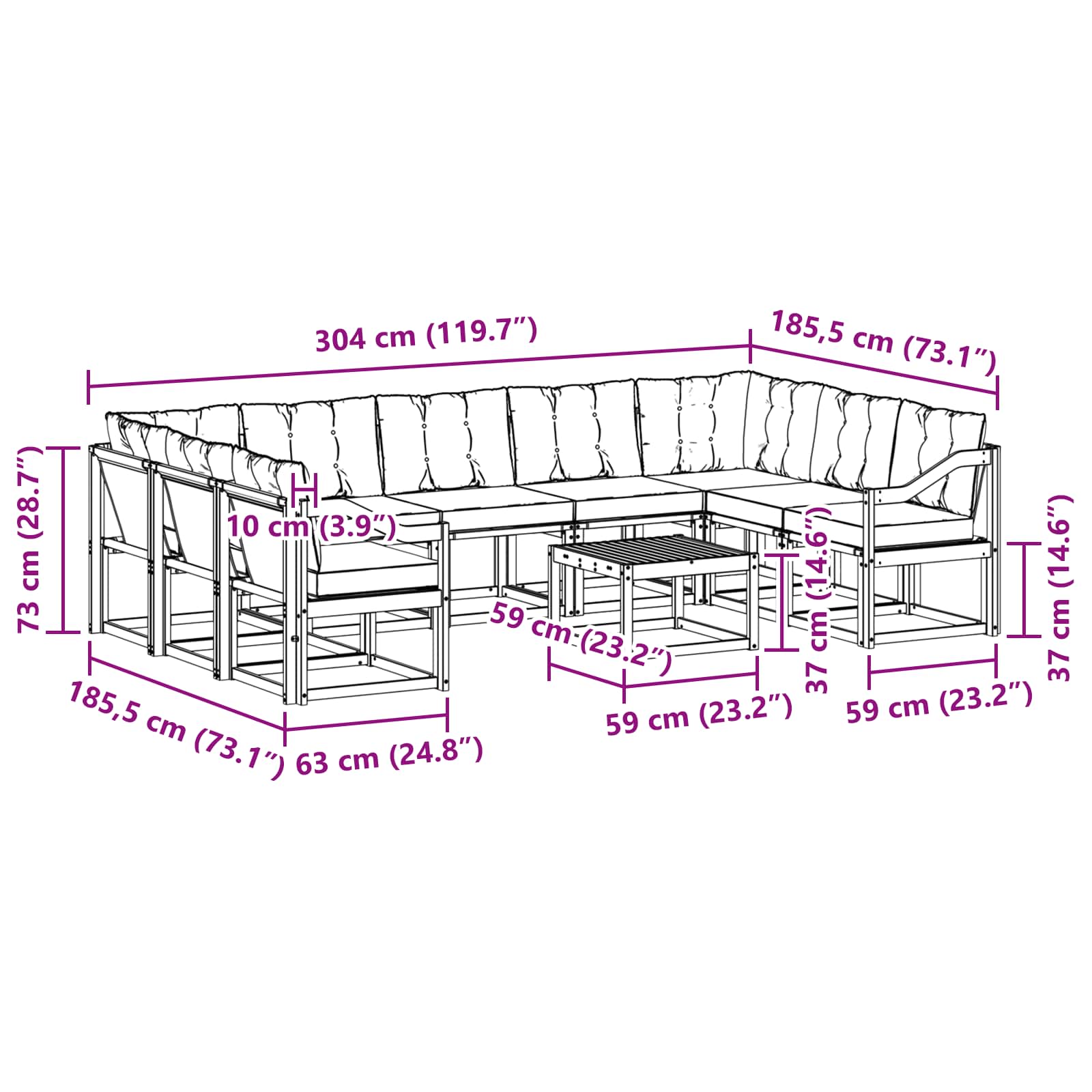 Set vanjskih sofa s jastukom 10 pcs Bijela i crna