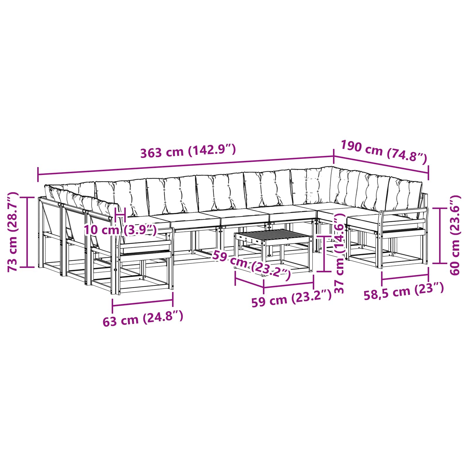 Set vanjskih sofa s jastukom 11 pcs Bijela i crna