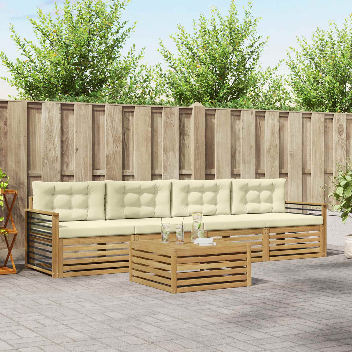 Set vanjskih sofa 5 kom. Bijela i krem Čvrsto drvo akacije