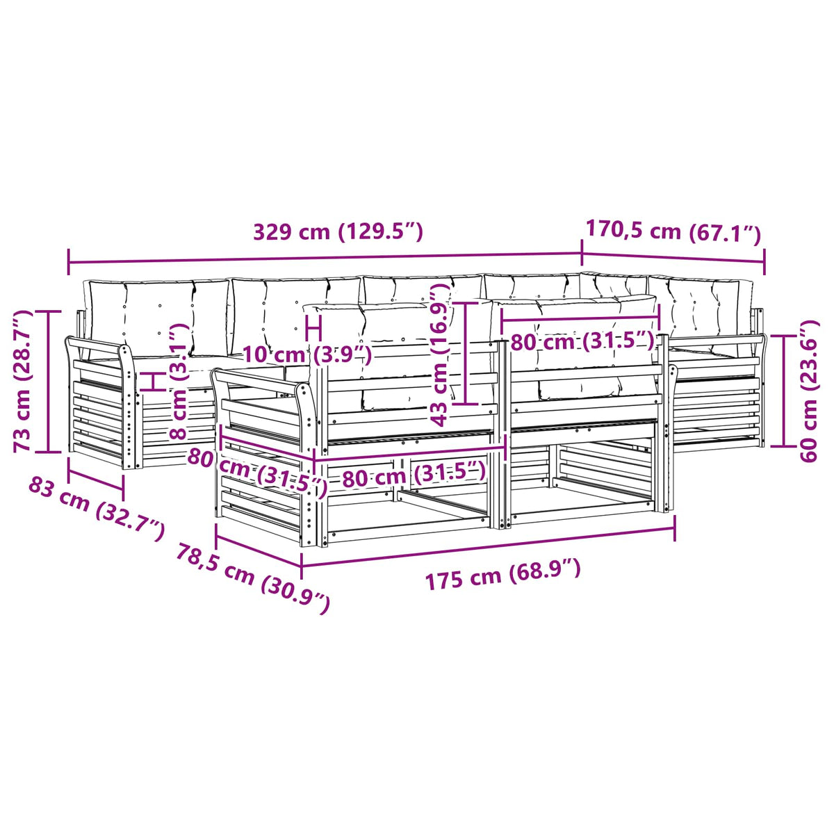 Set vanjskih sofa 7 kom. Bijela i bež Poliester Smeđa 329 x 170,5 x 73 cm