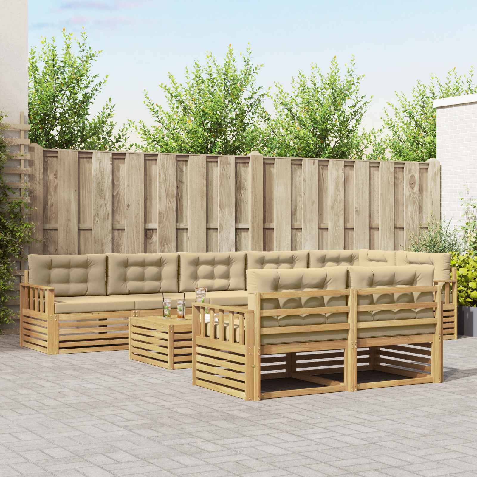 Set vanjskih sofa s jastukom 9 pcs Bijela i bež Poliester