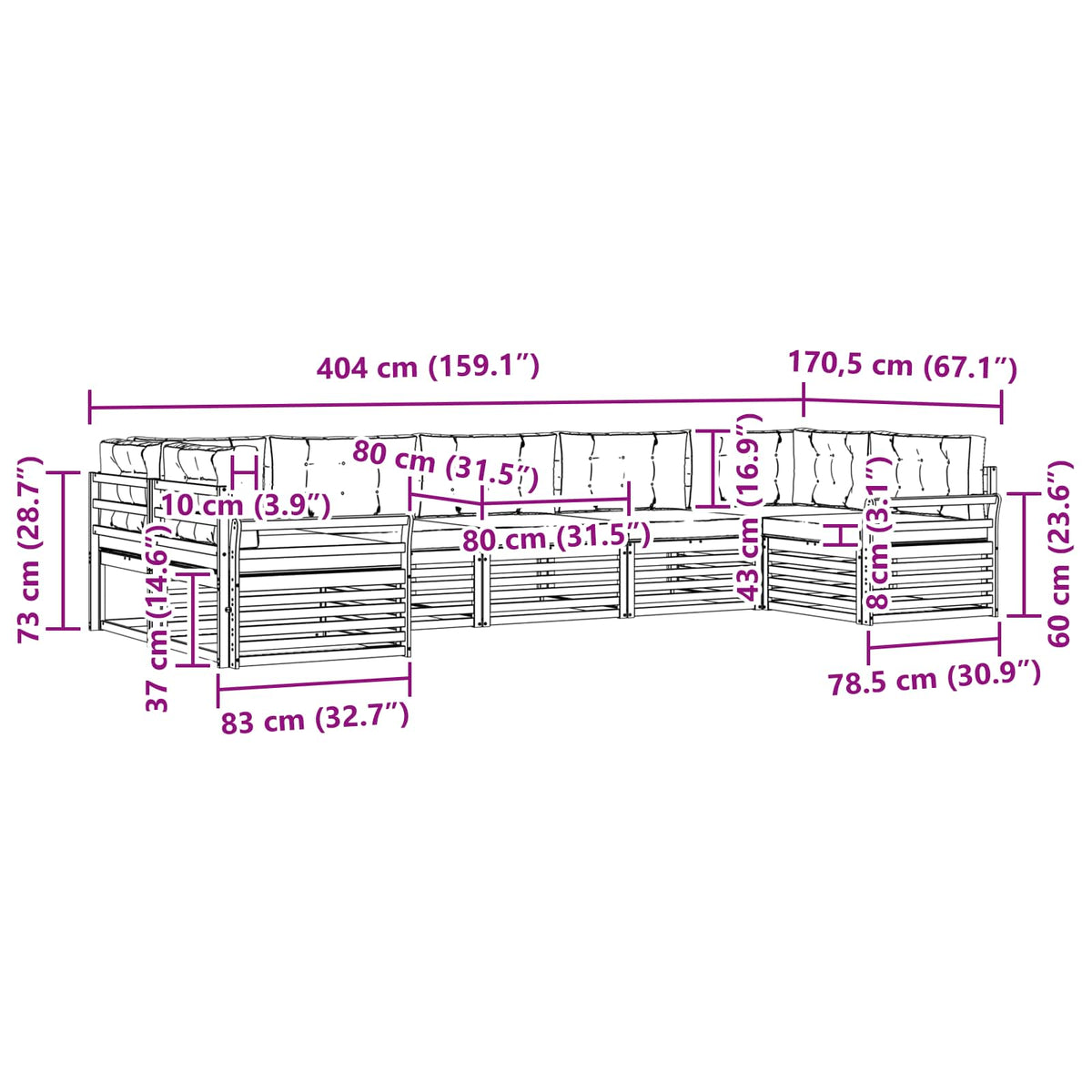 Set vanjskih sofa 7 kom. Bijela i bež Čvrsto drvo akacije 404 x 170,5 x 73 cm