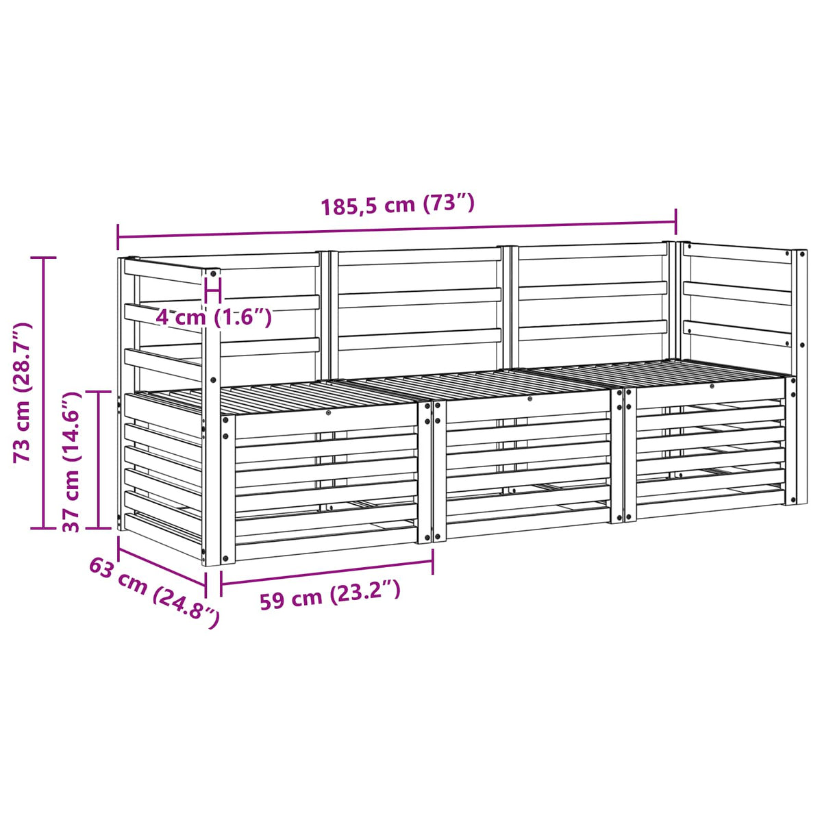 Setovi sofa 3 kom. Bijela Čvrsto drvo akacije 185.5 x 63 x 73 cm