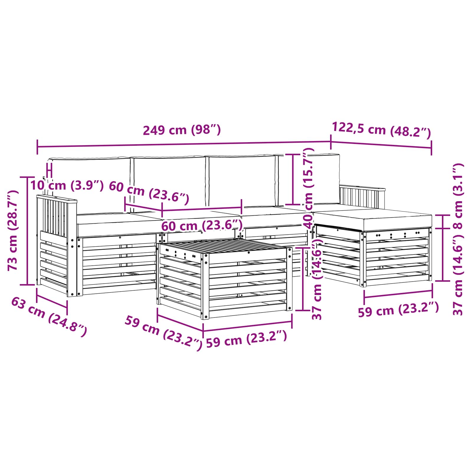 Set vanjskih sofa 6 pcs Bijela i svjetlosiva 59 x 59 x 37 cm