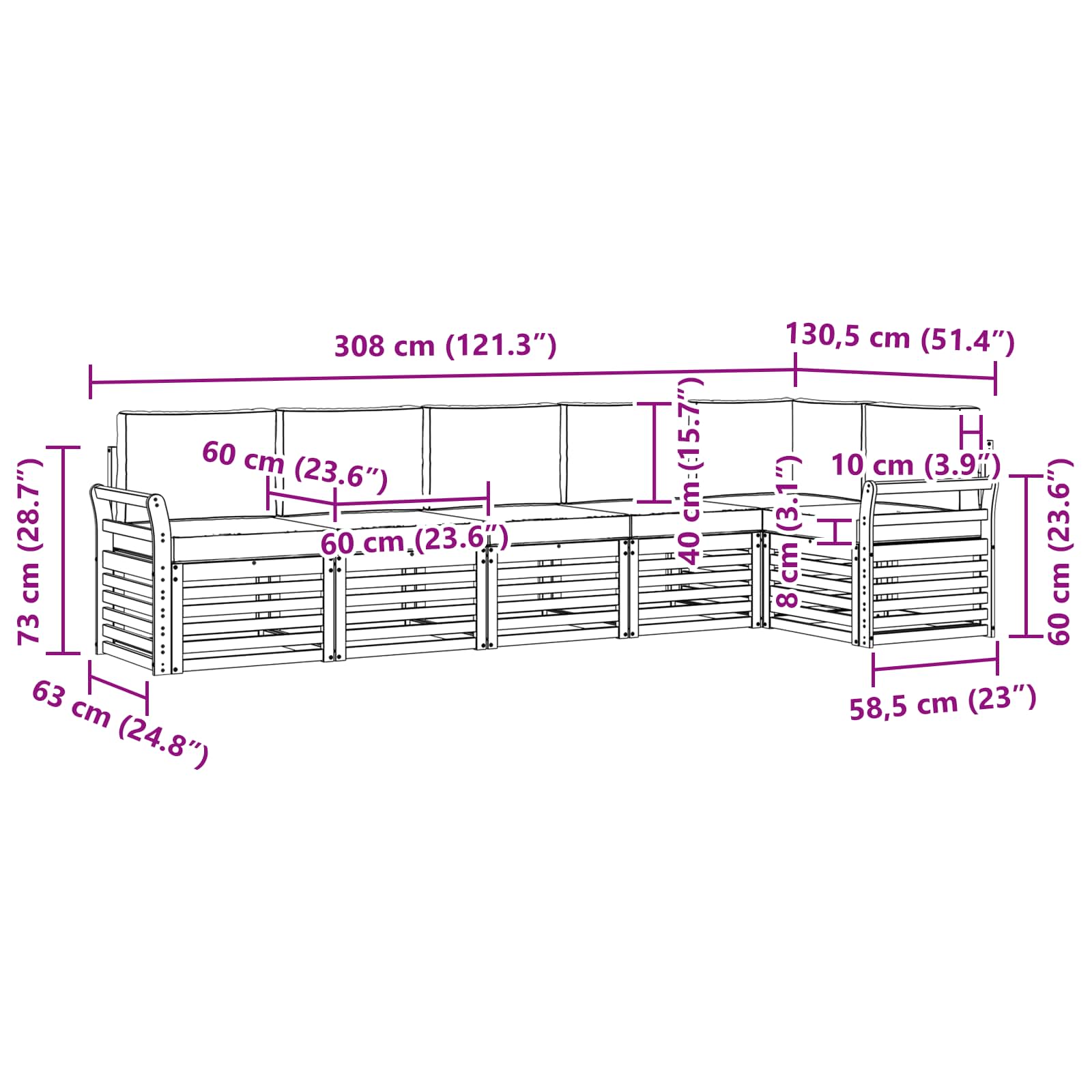 Set vanjskih sofa 6 pcs Bijela i bež 308 x 130,5 x 73 cm