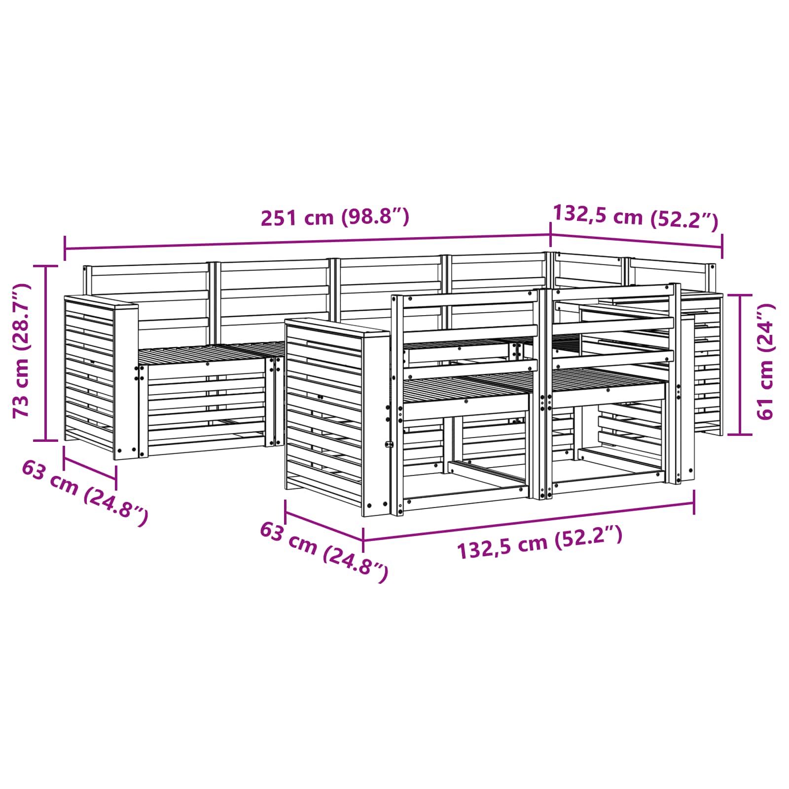 Set vanjskih sofa 7 pcs Bijela 251 x 132,5 x 73 cm