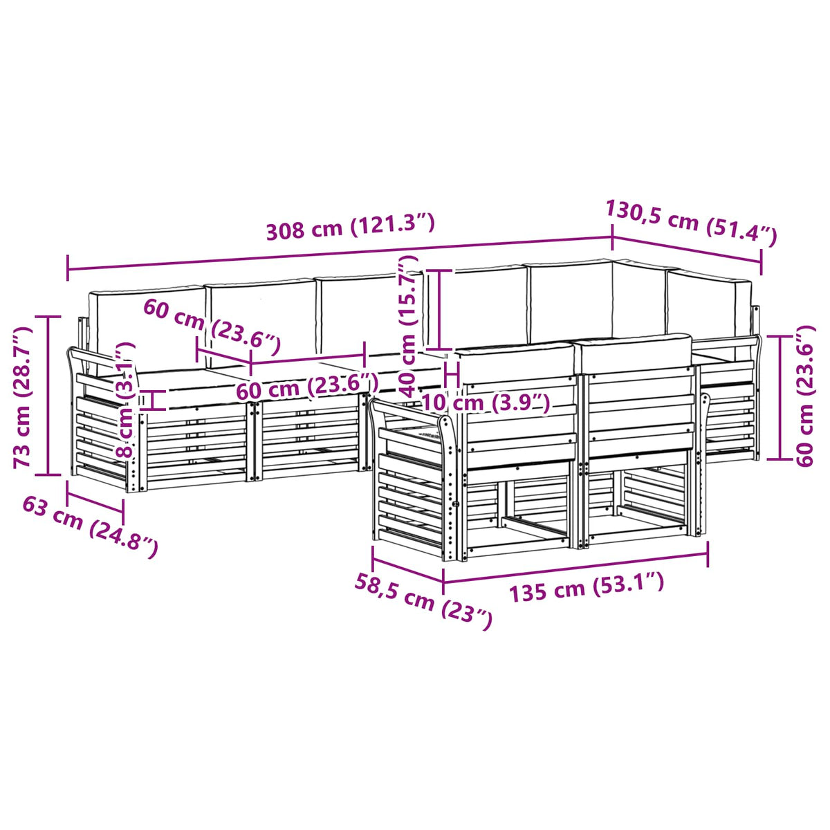 Set vanjskih sofa 8 kom. Bijela i svjetlosiva Poliester 308 x 130,5 x 73 cm