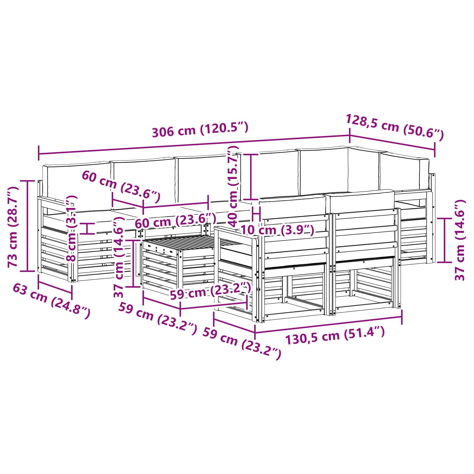 Set vanjskih sofa 8 pcs Bijela i svjetlosiva 59 x 59 x 37 cm