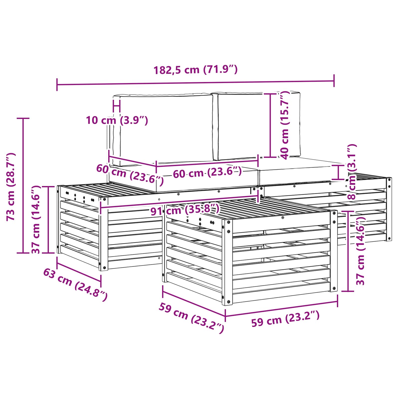 Set vanjskih sofa s jastukom Bijela 59 x 59 x 37 cm Poliester