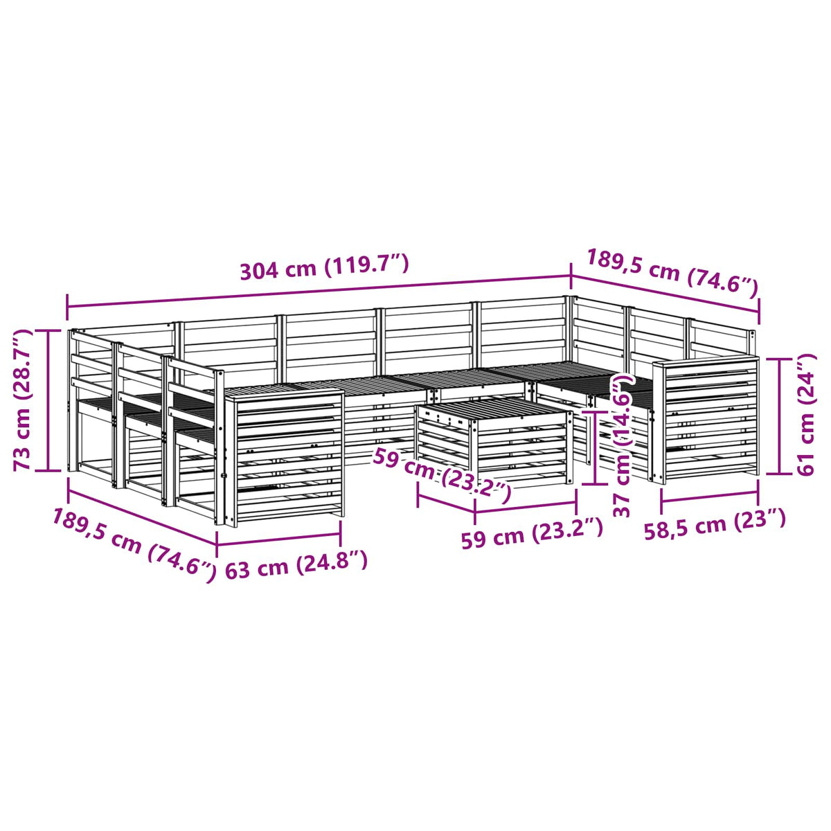 Set vanjskih sofa 10 kom. Bijela Čvrsto drvo akacije