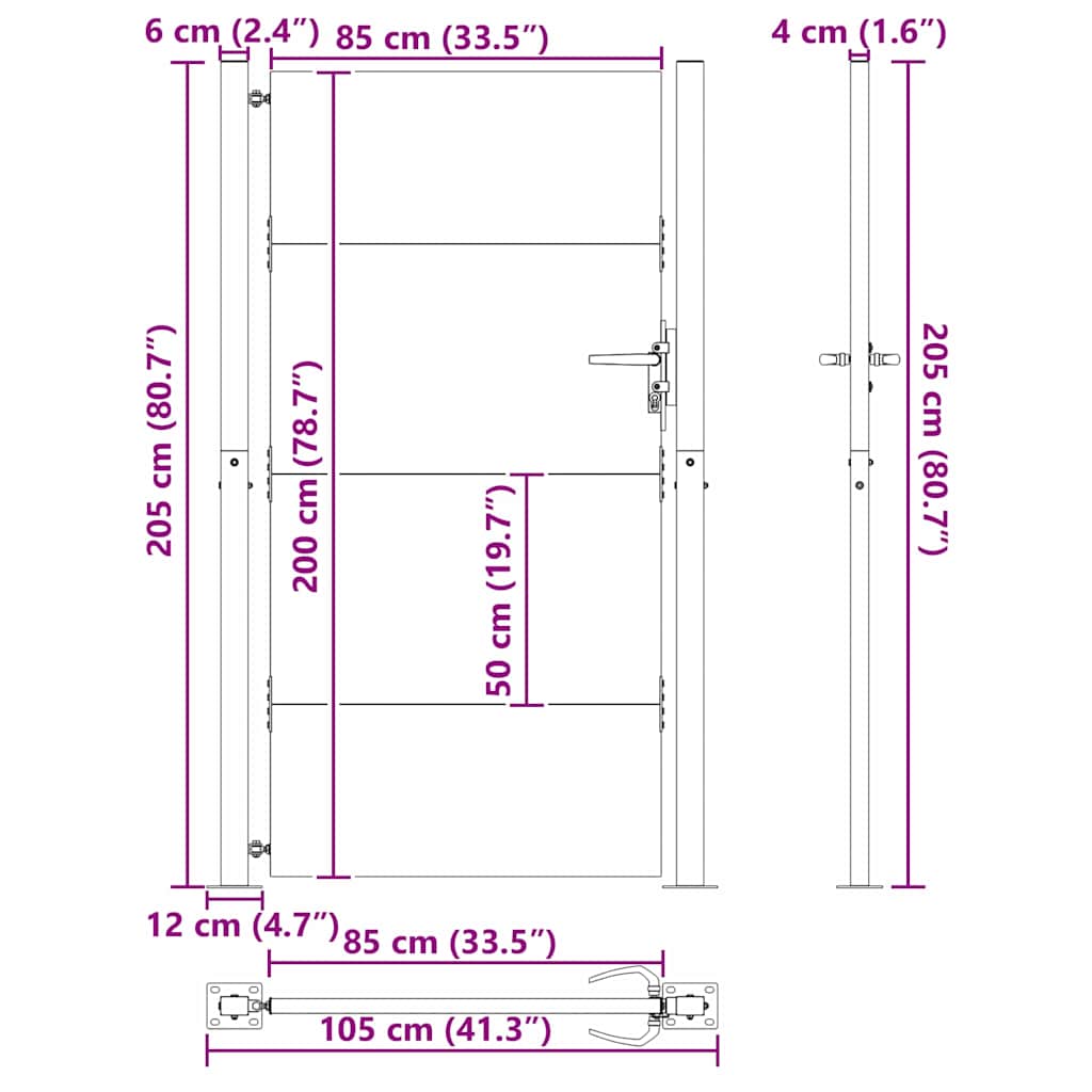Vrtna vrata Crna 105 x 205 cm Čelik s prahom premazan